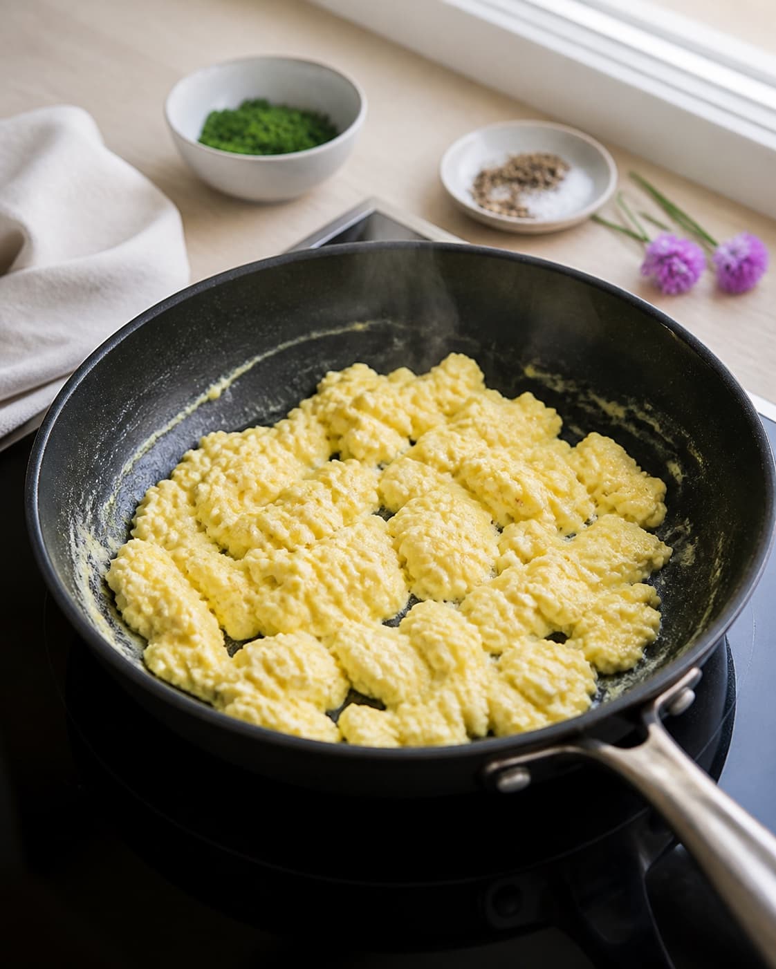 Soft scrambled eggs folded slowly into large glossy curds over low heat under tilberedningen af scrambled eggs til morgenmad