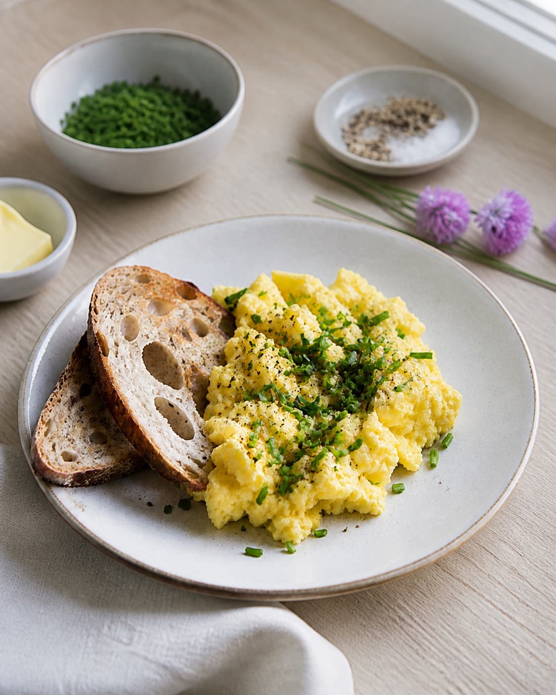 Creamy scrambled eggs spooned immediately onto crisp sourdough toast with fresh chives under tilberedningen af scrambled eggs til morgenmad