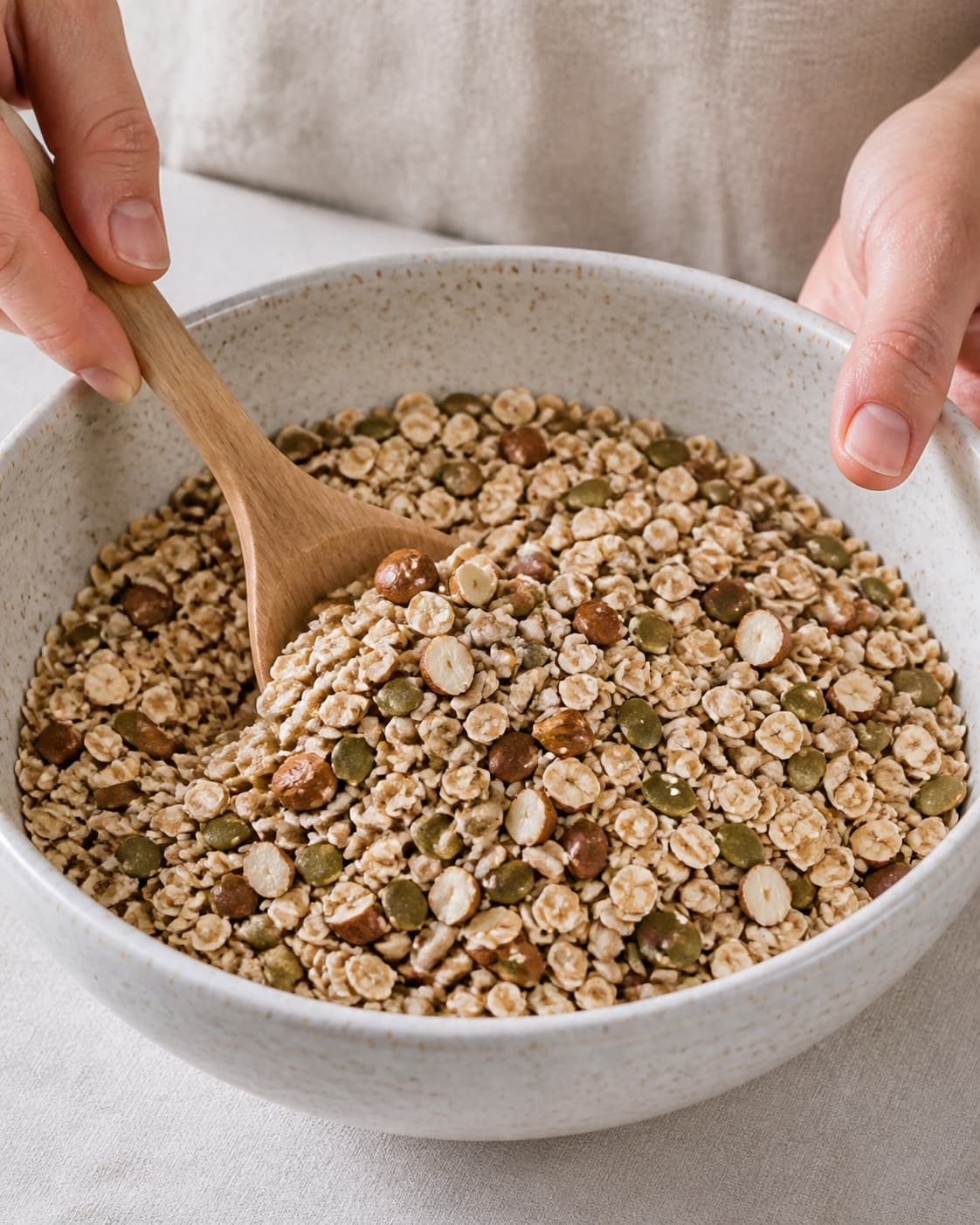 Oats chopped almonds hazelnuts pumpkin sunflower and sesame seeds mixed evenly under tilberedningen af müsli