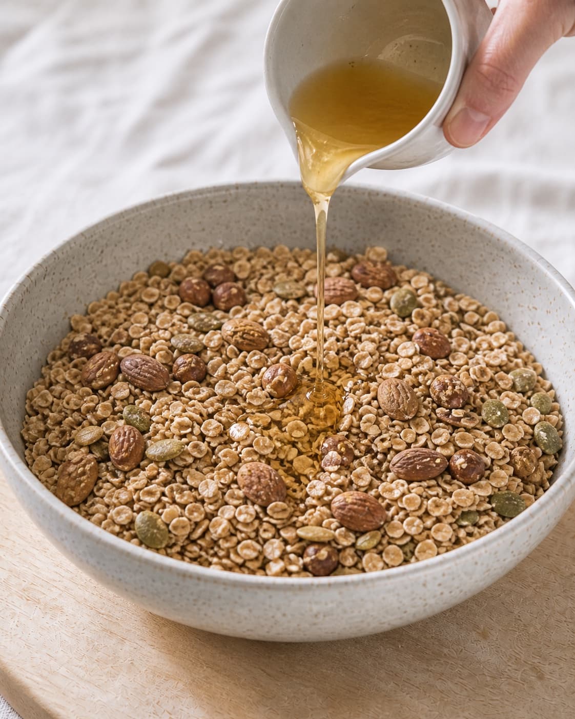 Warm honey and neutral oil poured in a thin stream over oat nut and seed mixture under tilberedningen af müsli