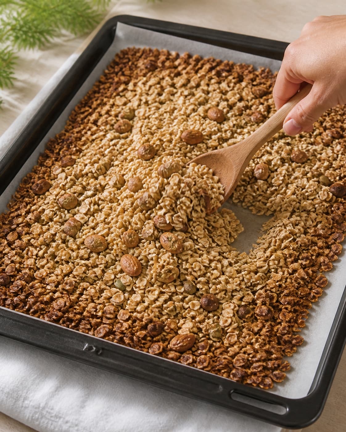 Golden muesli being turned from the darker tray edges toward the centre midway through baking under tilberedningen af müsli