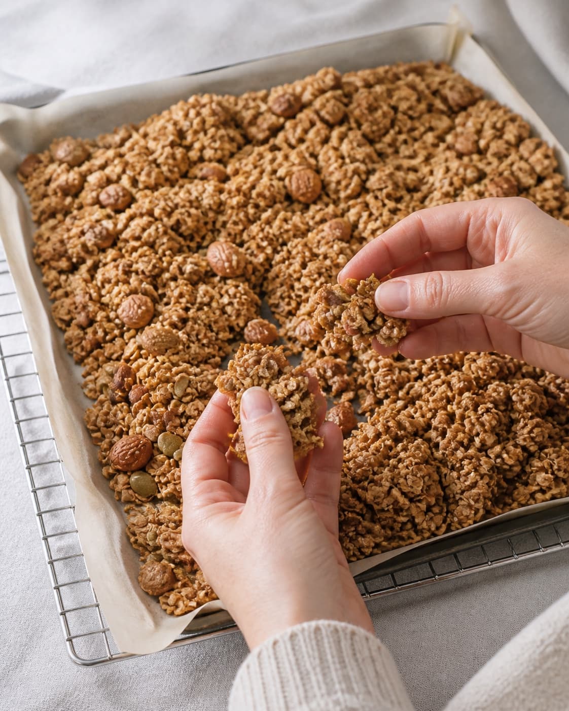 Toasted muesli cooling undisturbed before being broken into crisp clusters under tilberedningen af müsli
