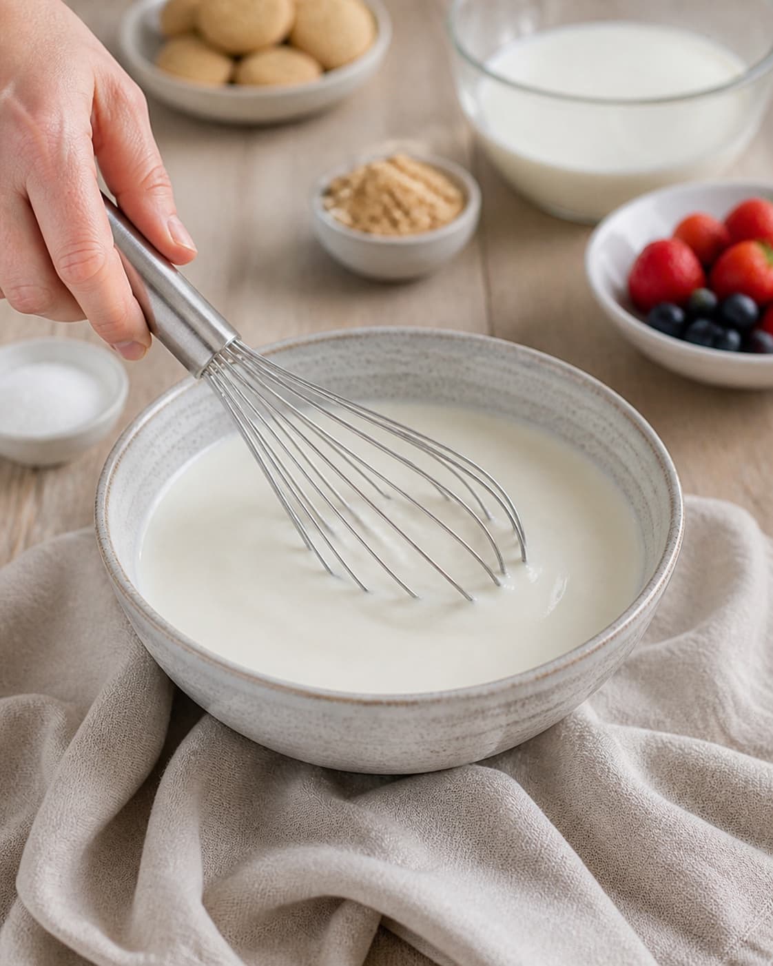 Pasteurised egg yolks sugar and vanilla whipped pale and airy for cold buttermilk soup under tilberedningen af koldskål