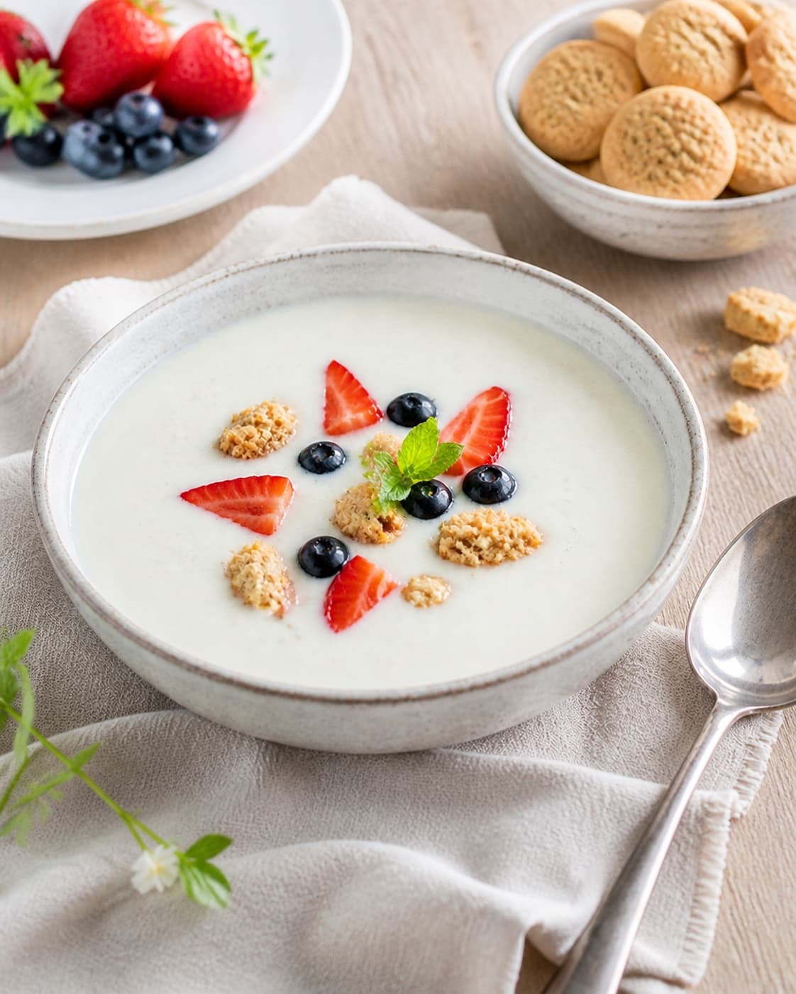 Cold buttermilk soup served with sliced strawberries and crisp rusks kept separate until eating under tilberedningen af koldskål