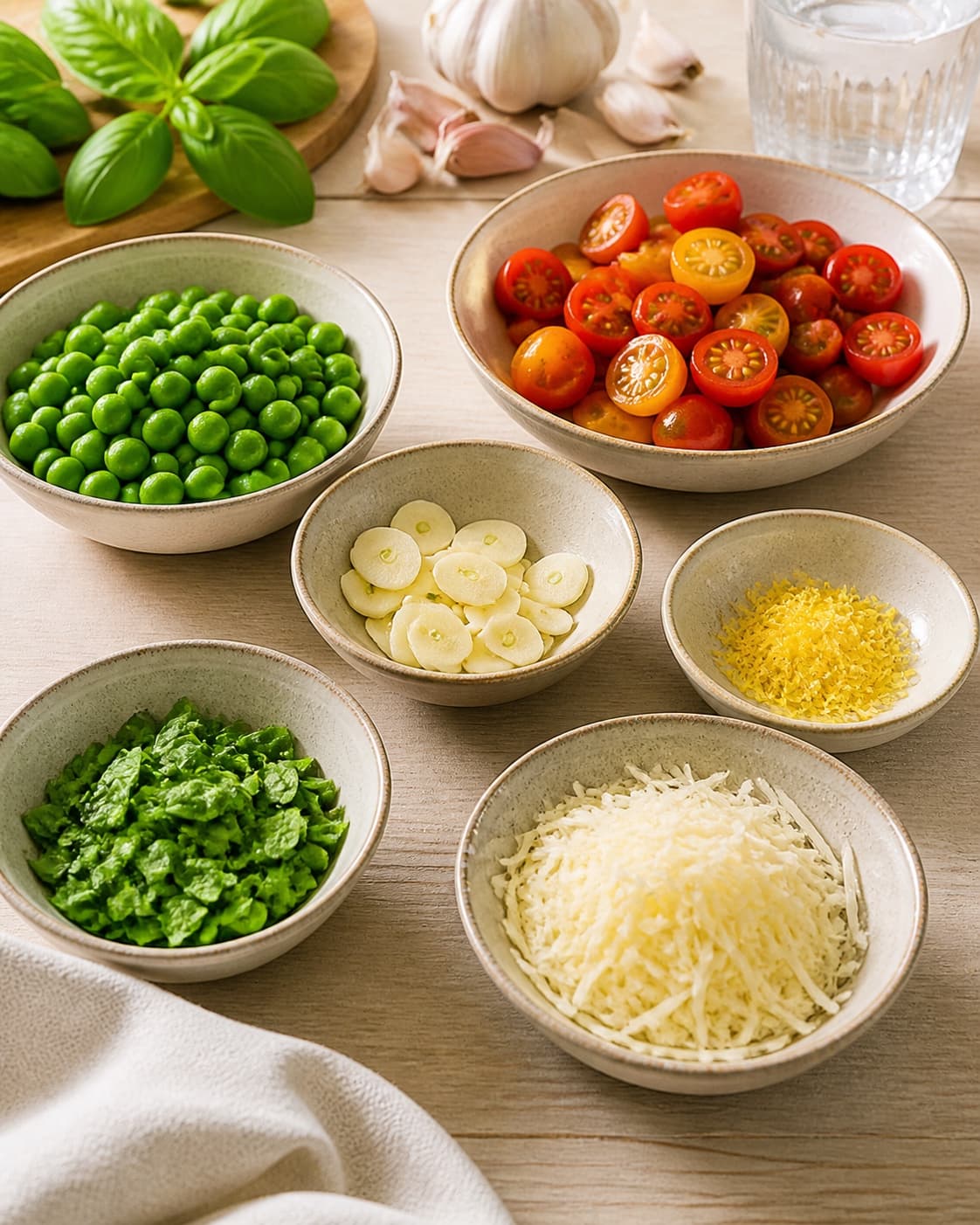 Halved cherry tomatoes peas sliced garlic lemon zest basil and parmesan prepared for pasta under tilberedningen af sommerpasta med ærter og tomat