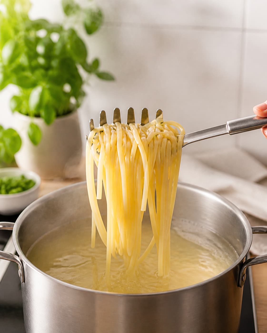 Pasta boiling al dente while cherry tomatoes blister and green peas warm briefly in garlic oil under tilberedningen af sommerpasta med ærter og tomat