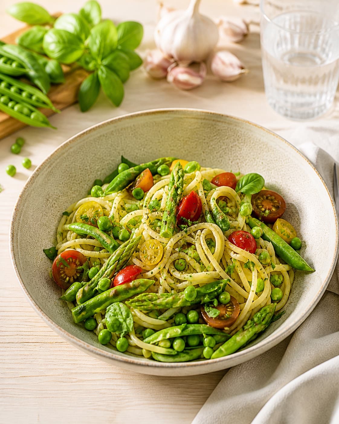 Summer pea tomato pasta served immediately with torn fresh basil and lemon zest under tilberedningen af sommerpasta med ærter og tomat