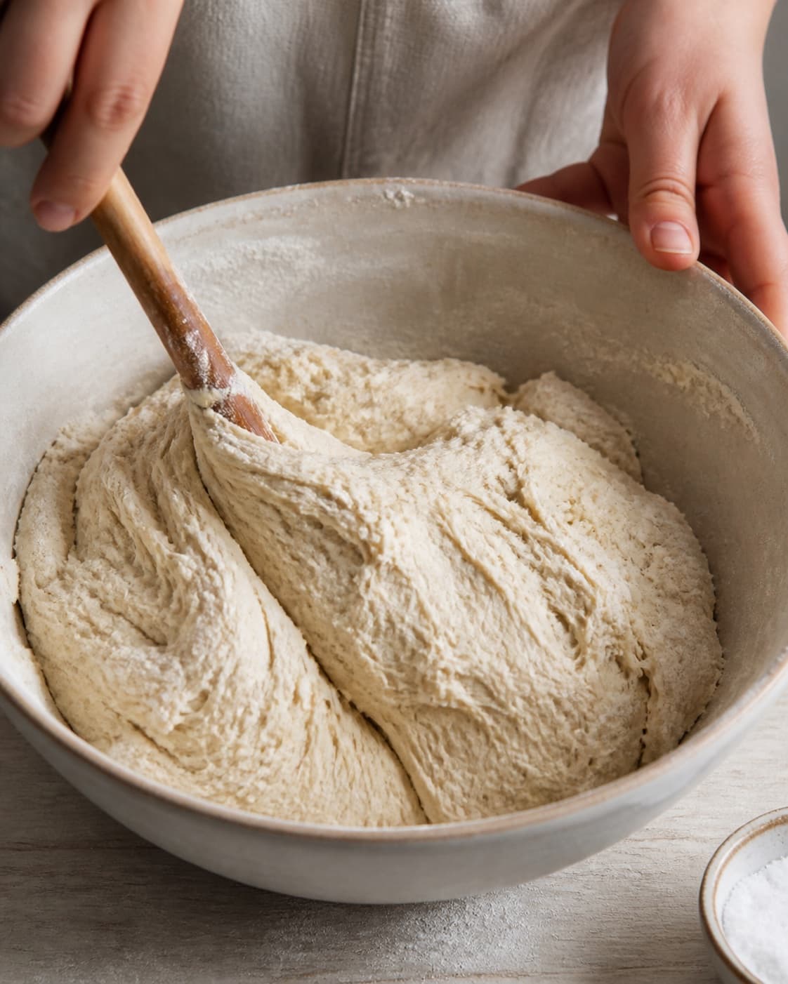 Wheat flour water yeast salt and olive oil mixed into a moist pizza dough under tilberedningen af hvid pizza med kartoffel og rosmarin