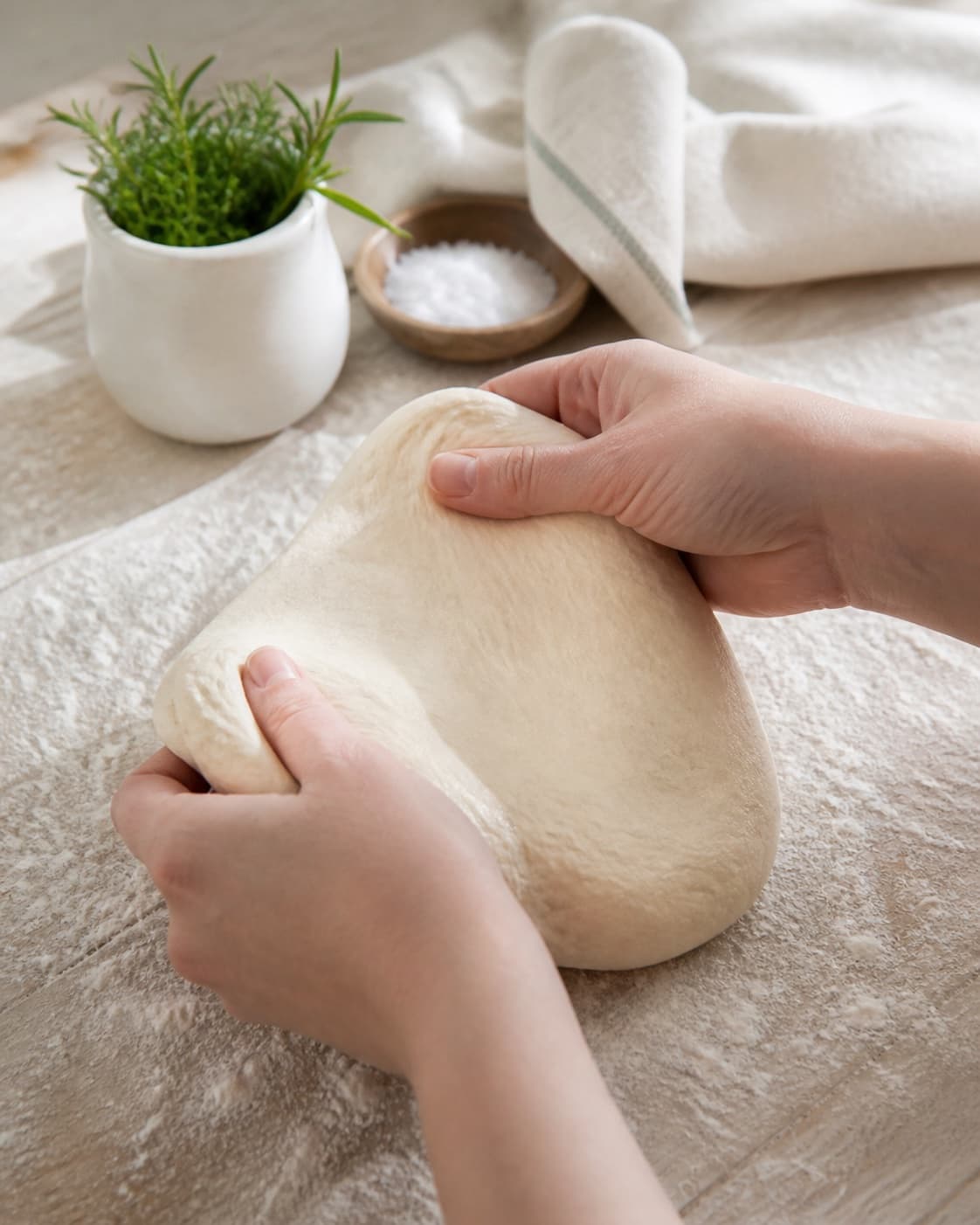 Elastic pizza dough being stretched and folded in short intervals with wet hands under tilberedningen af hvid pizza med kartoffel og rosmarin
