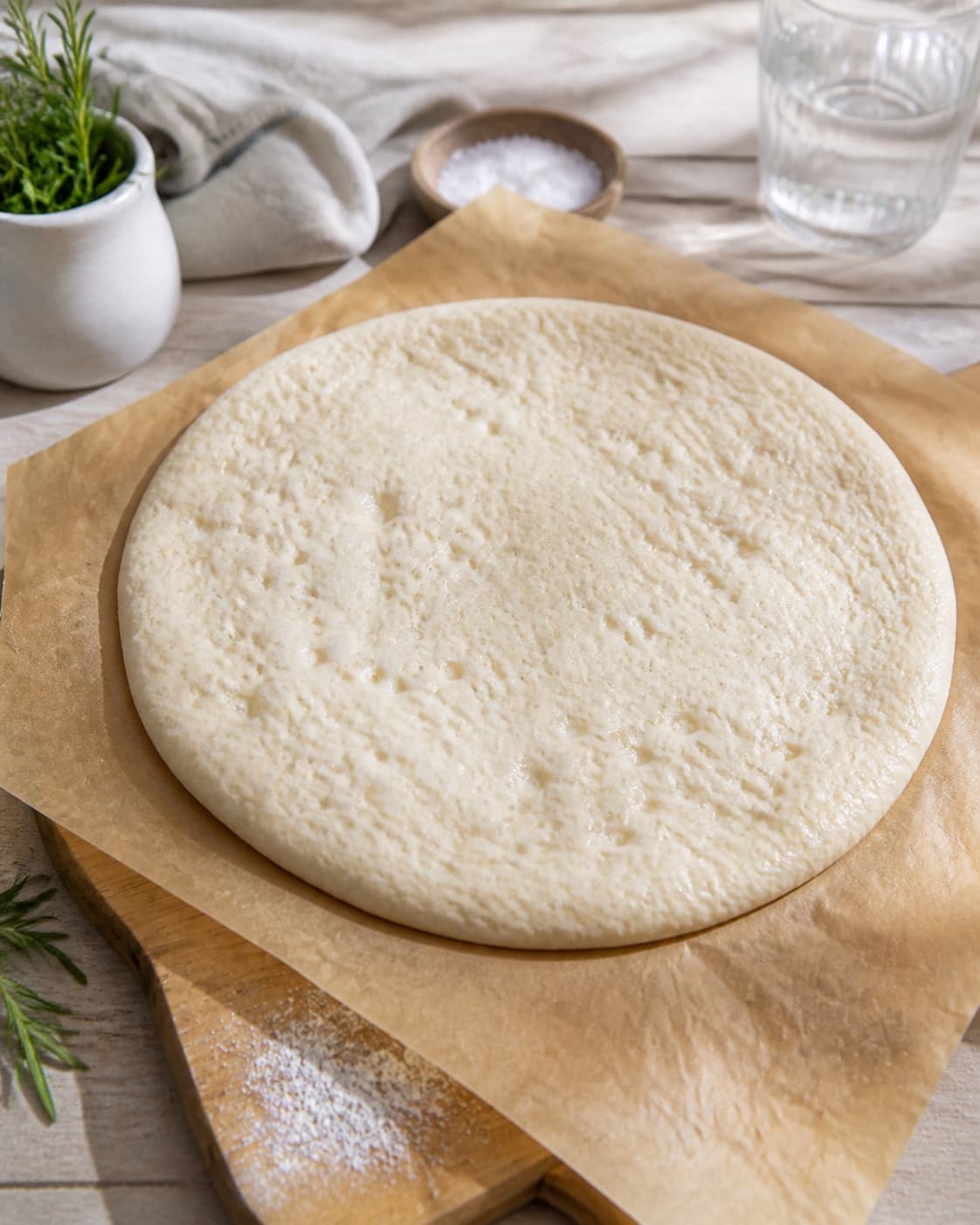 Proofed bubbly pizza dough beside paper thin potato slices rosemary garlic cream and mozzarella under tilberedningen af hvid pizza med kartoffel og rosmarin