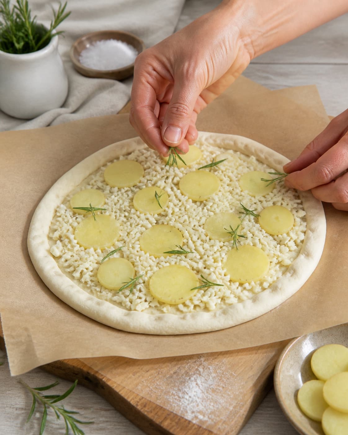 Pizza dough stretched round and topped before baking with garlic creme fraiche potatoes mozzarella and rosemary under tilberedningen af hvid pizza med kartoffel og rosmarin