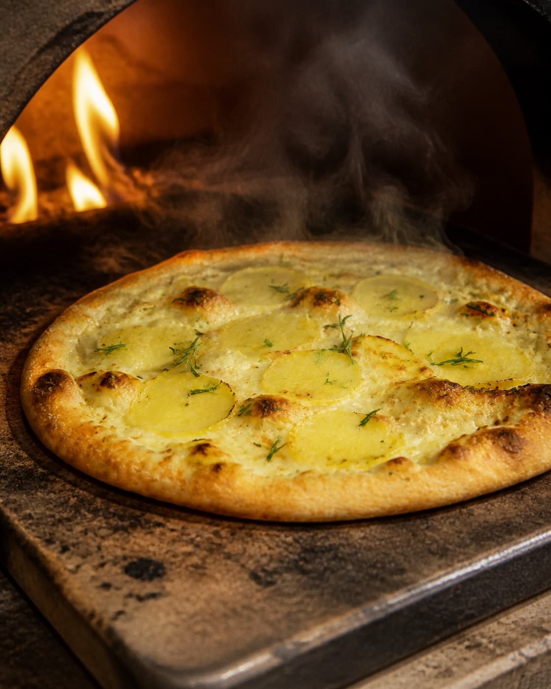 Fully topped potato rosemary pizza baking on a hot stone until crisp then served steaming hot under tilberedningen af hvid pizza med kartoffel og rosmarin