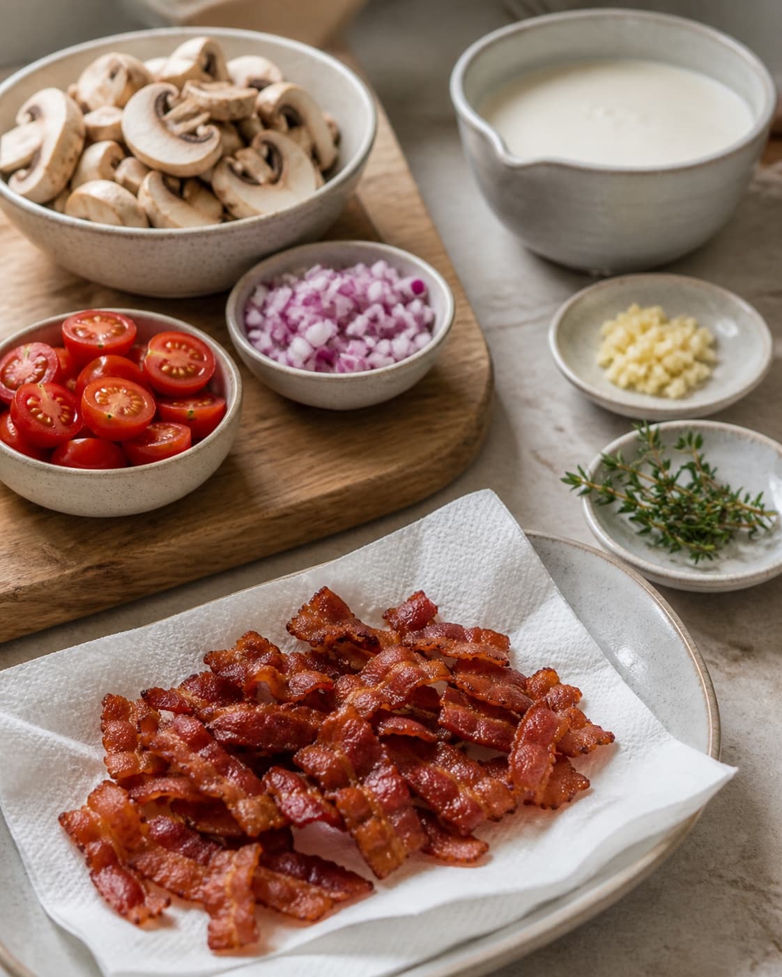 Crisp bacon draining beside dry sliced mushrooms chopped tomato onion garlic thyme and cream under tilberedningen af pasta med svampe, bacon og tomater