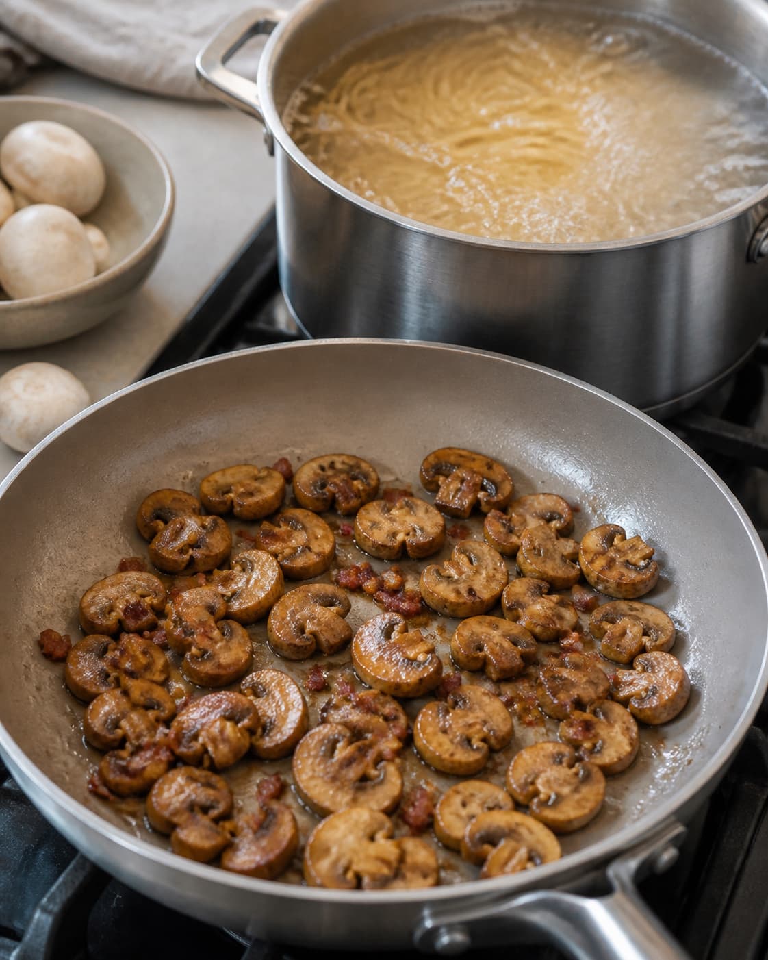 Mushrooms browning in bacon fat while dried pasta boils until just under al dente under tilberedningen af pasta med svampe, bacon og tomater