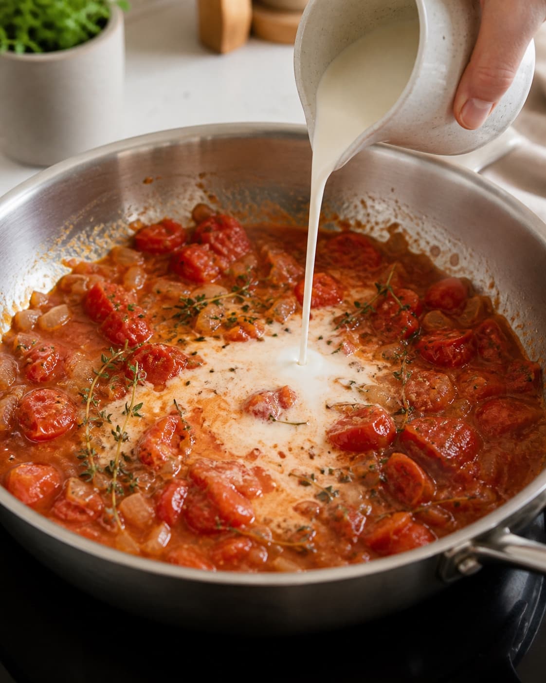 Tomato onion garlic cream sauce simmering in the browned mushroom and bacon pan under tilberedningen af pasta med svampe, bacon og tomater