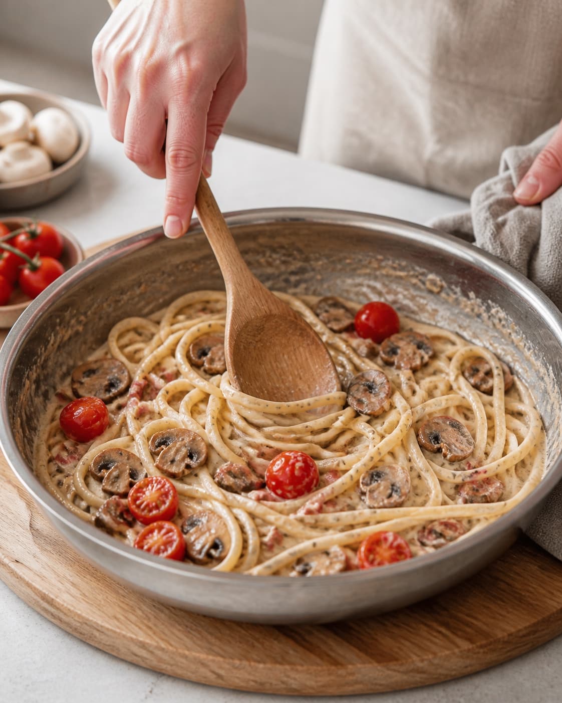 Pasta mushrooms bacon and parmesan tossed into glossy creamy tomato sauce off strong heat under tilberedningen af pasta med svampe, bacon og tomater