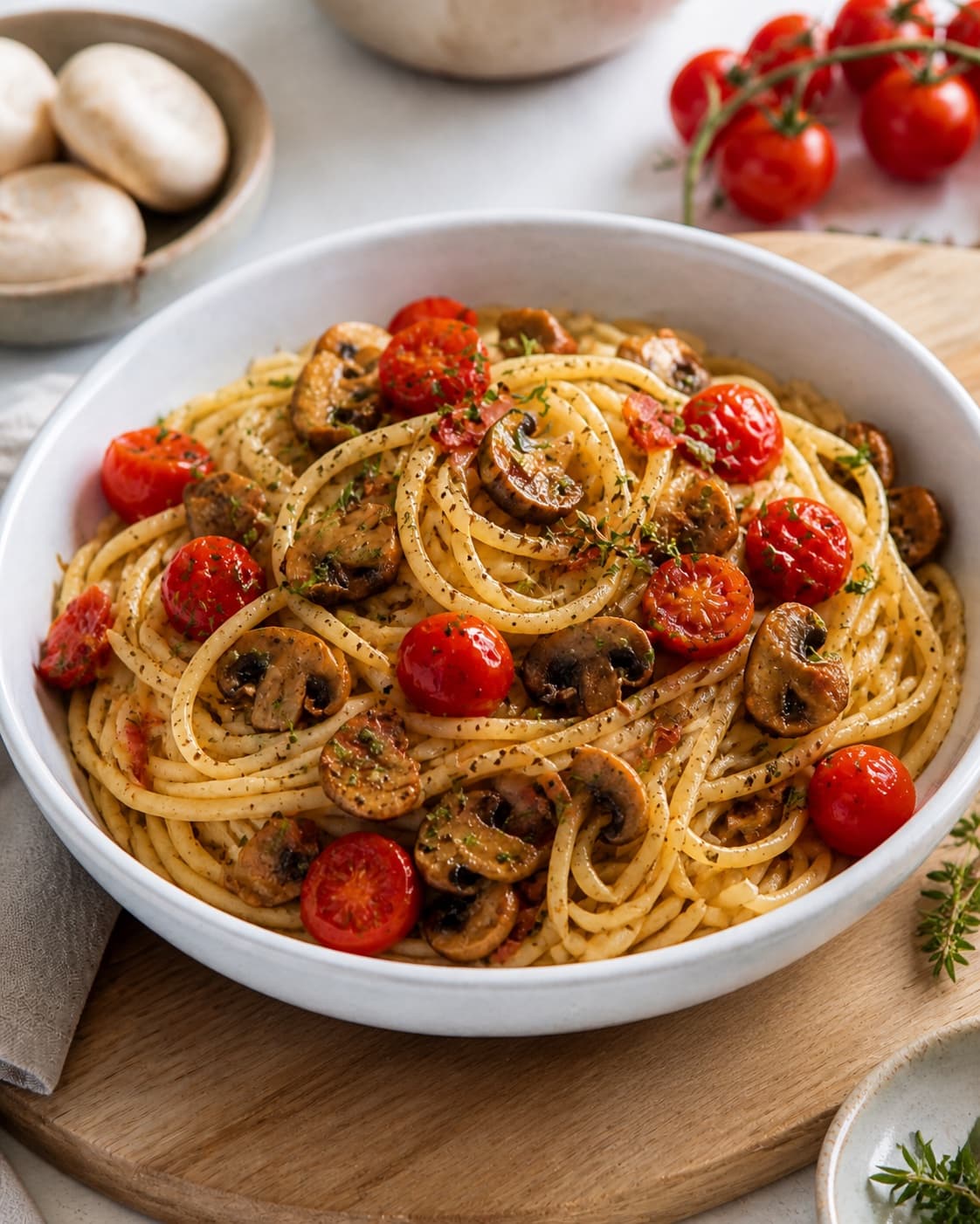 Creamy mushroom bacon tomato pasta plated with reserved crisp bacon and fresh thyme under tilberedningen af pasta med svampe, bacon og tomater