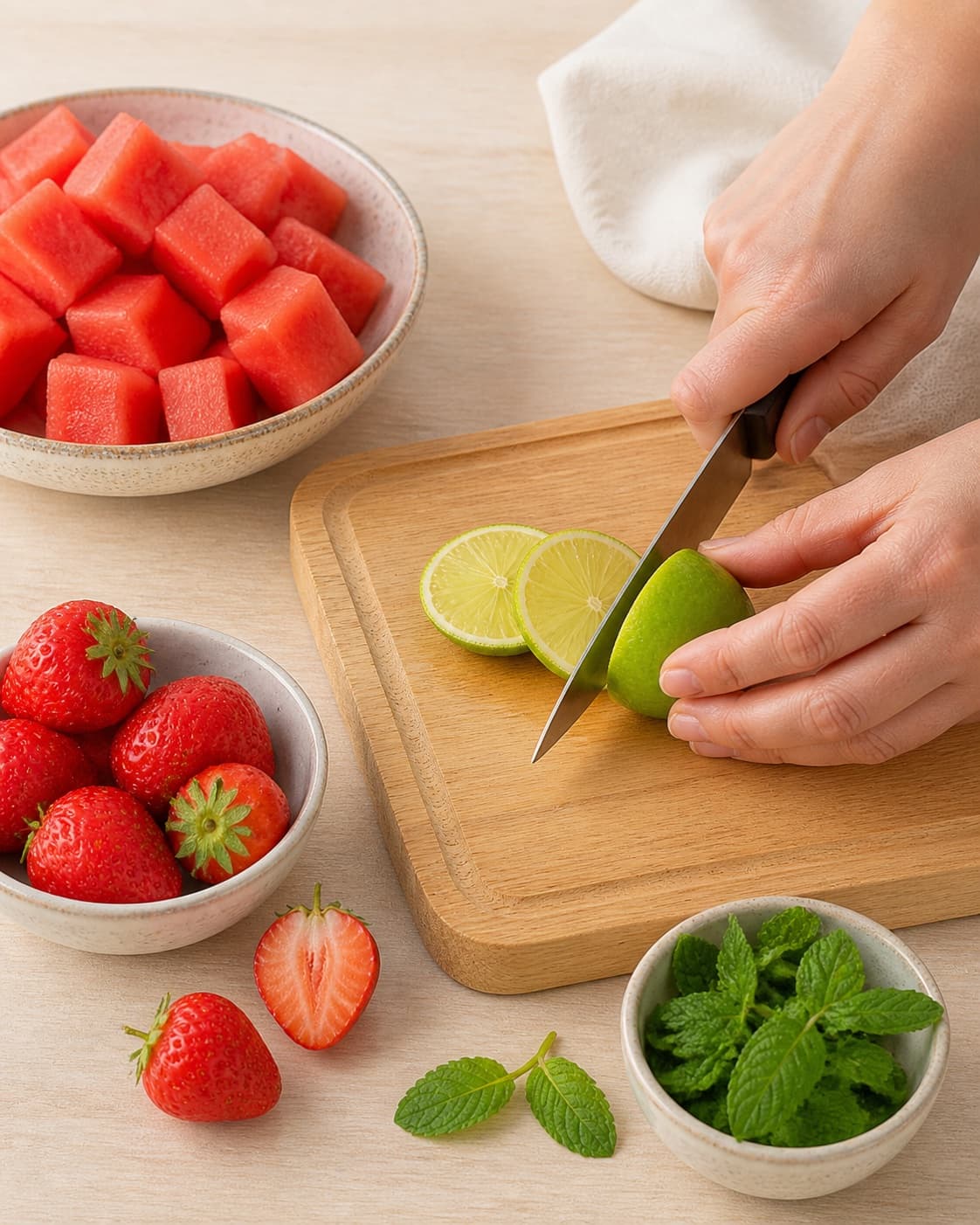 Cold seedless watermelon cubes strawberries lime mint honey ice and salt prepared for smoothie under tilberedningen af vandmelonsmoothie