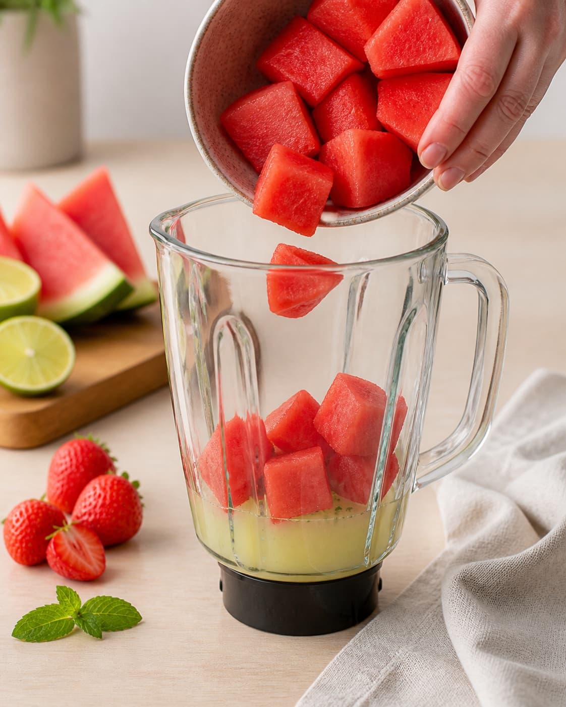 Watermelon strawberries lime juice honey and salt layered in the blender before ice under tilberedningen af vandmelonsmoothie