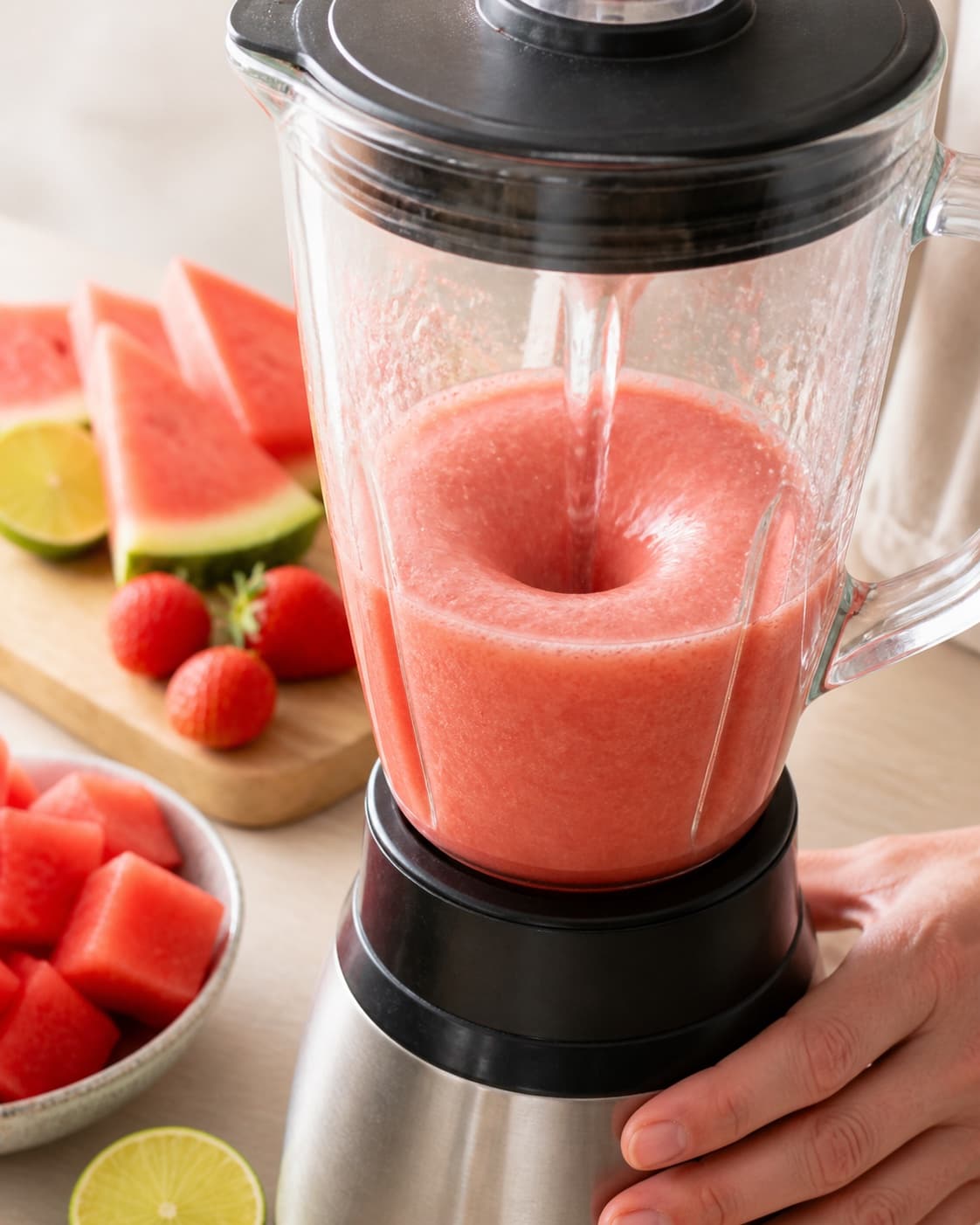 Ice blended into vivid red watermelon strawberry smoothie until thick and uniform under tilberedningen af vandmelonsmoothie