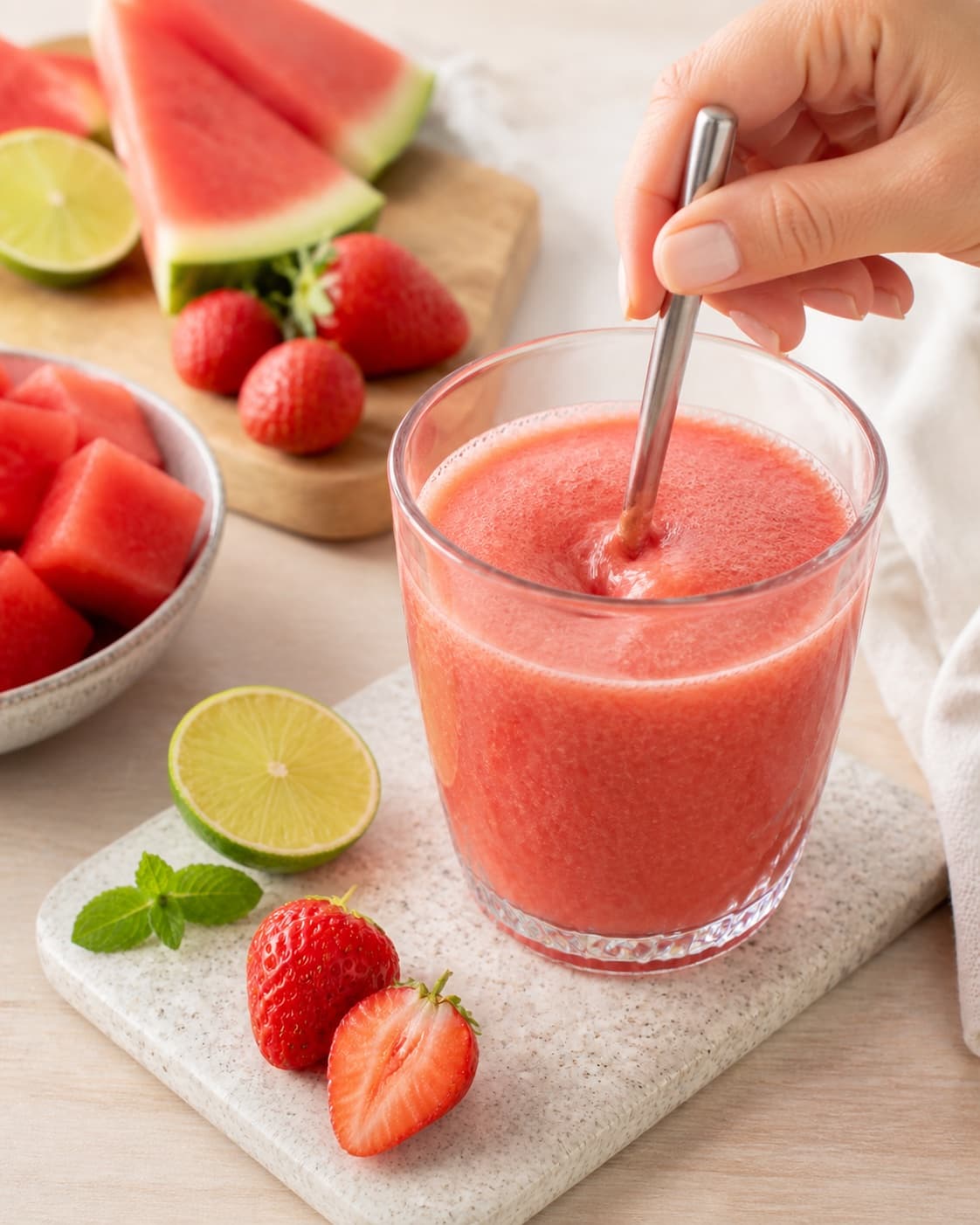 Fresh mint leaves pulsed briefly into watermelon smoothie after sweetness and lime are balanced under tilberedningen af vandmelonsmoothie