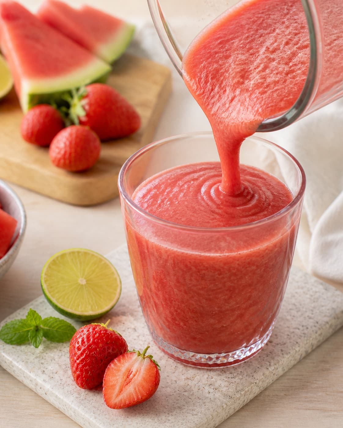 Thick watermelon strawberry smoothie poured immediately into chilled glasses with mint under tilberedningen af vandmelonsmoothie