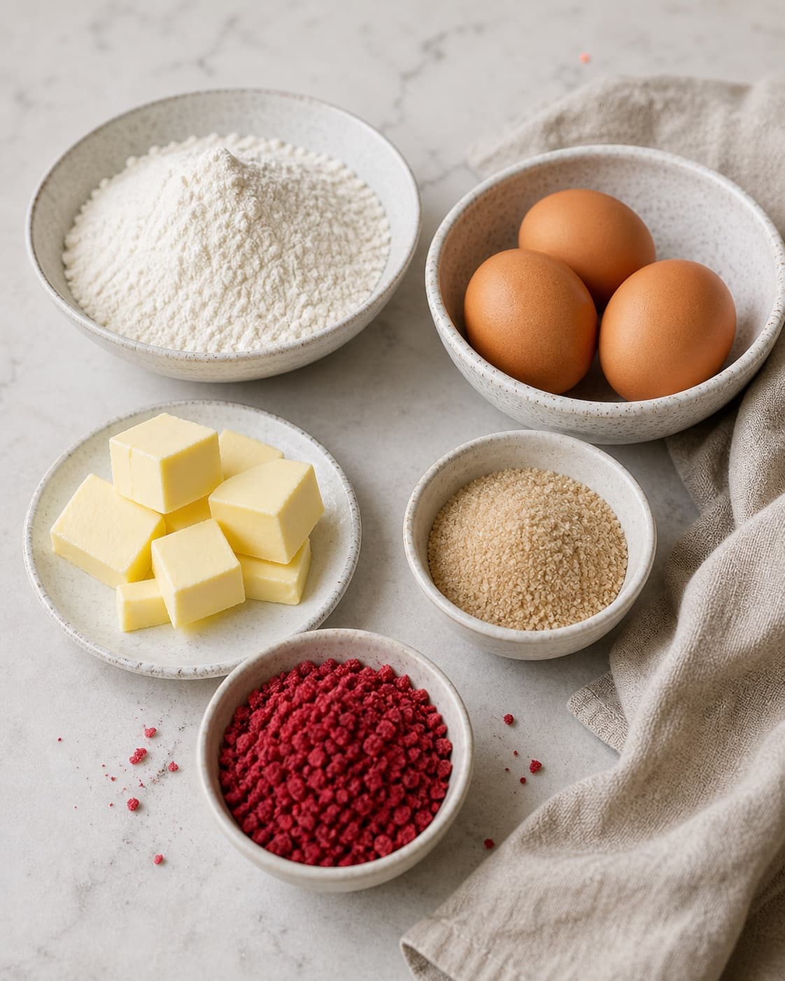 Cold butter flour sugar egg and salt measured beside equal parchment rectangles for raspberry slices under tilberedningen af hindbærsnitter