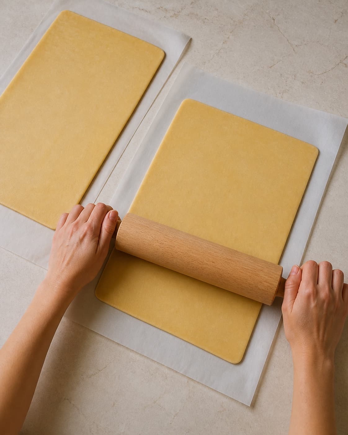 Two chilled shortcrust dough rectangles rolled evenly to matching dimensions between parchment under tilberedningen af hindbærsnitter