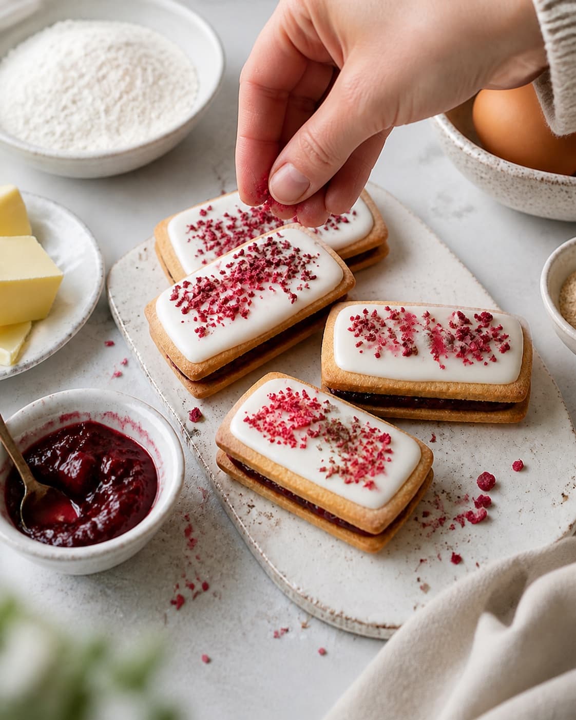 Raspberry jam layered between cold pastry sheets under lemon icing and fresh raspberries under tilberedningen af hindbærsnitter