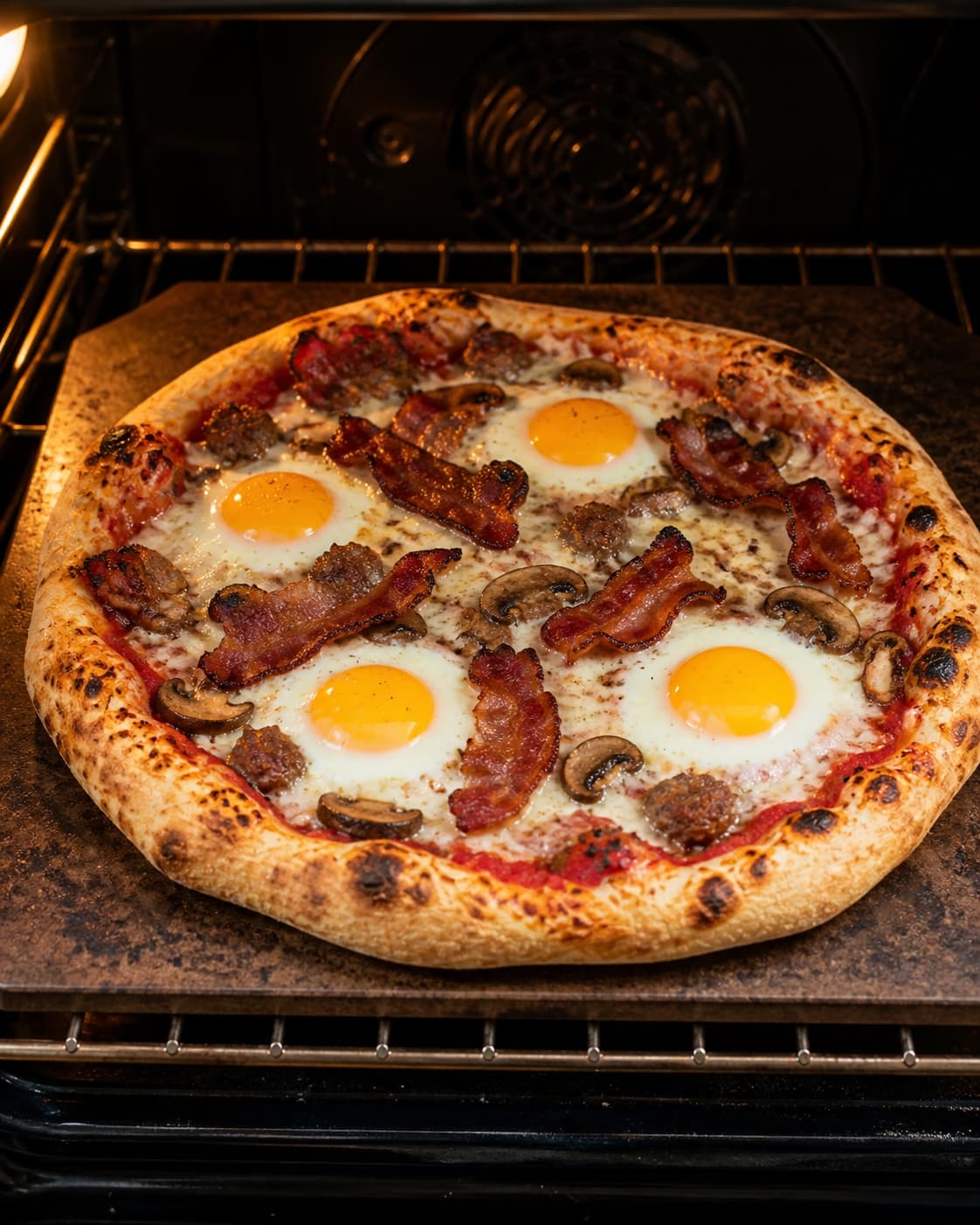 Breakfast pizza finishing on a hot stone after eggs are added to set whites and soft yolks under tilberedningen af english breakfast pizza