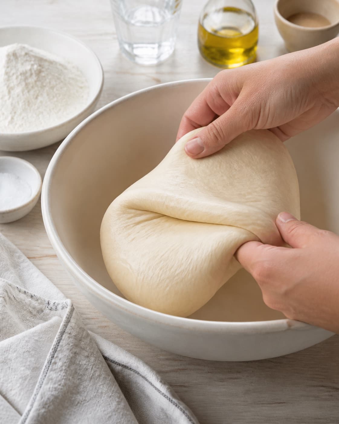 Elastic pita dough stretched to a thin window without tearing after kneading under tilberedningen af pitabrød
