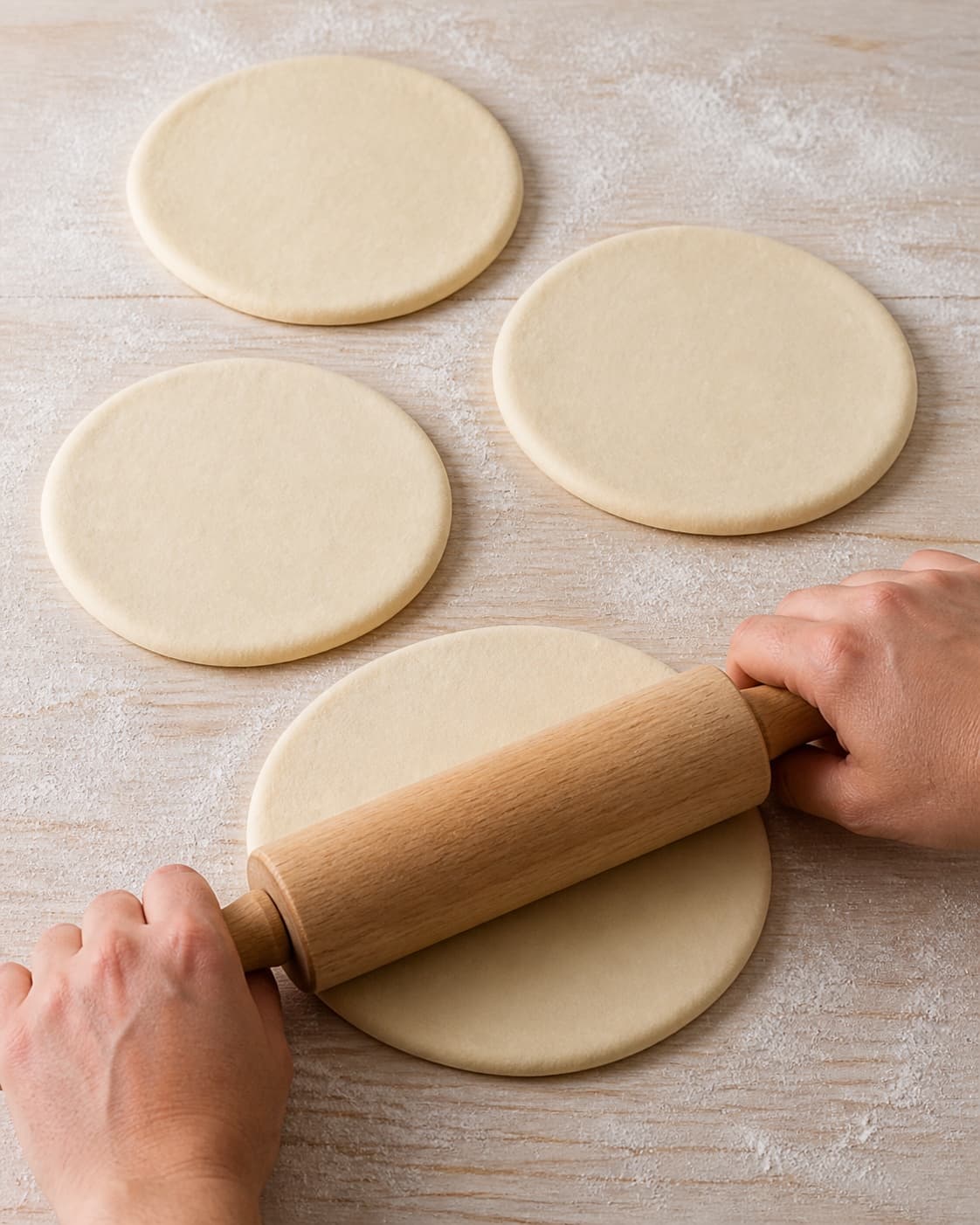 Equal pita dough balls rolled into smooth flat even discs before baking under tilberedningen af pitabrød