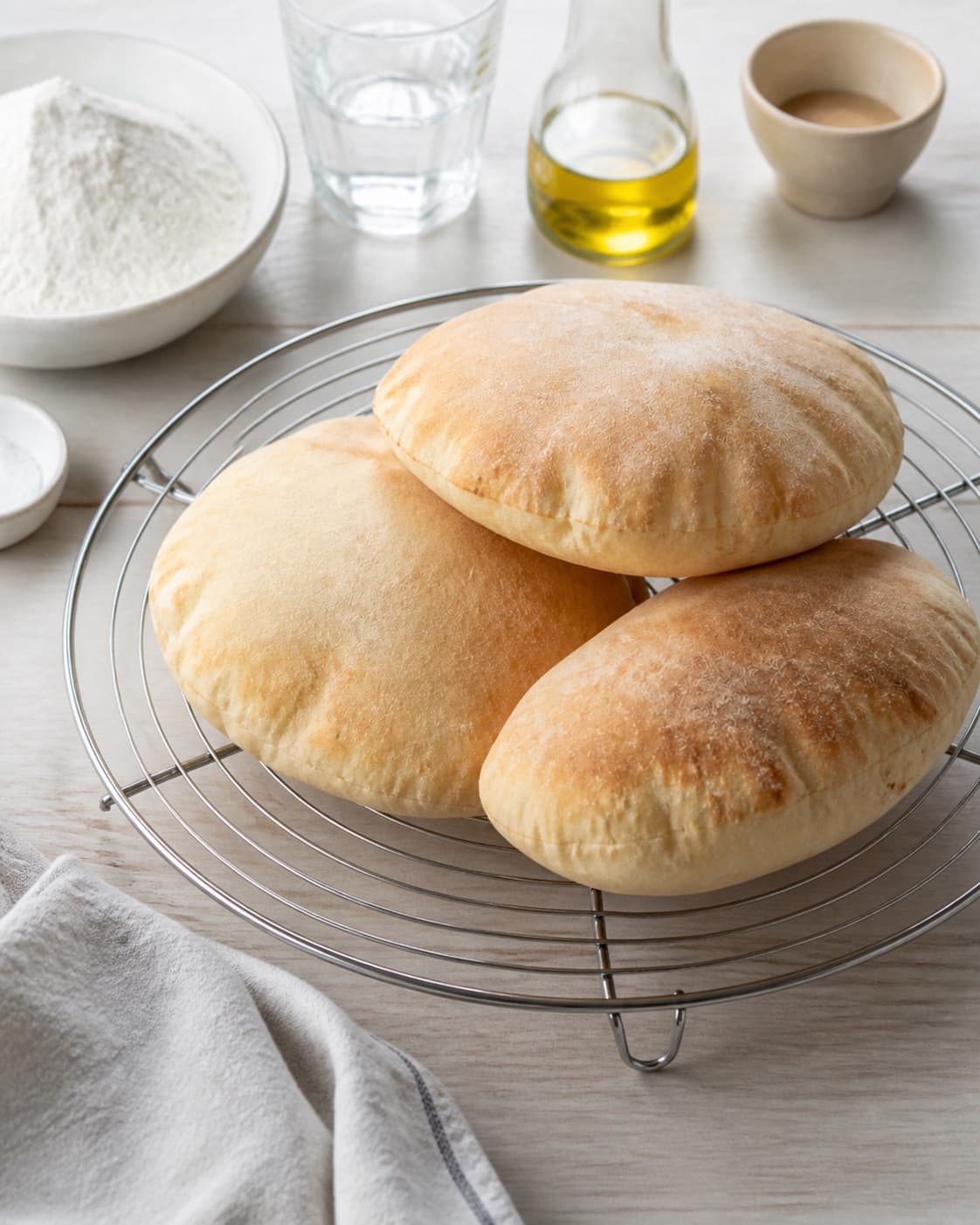 Flat pita discs puffing fully on a blazing hot stone to form hollow bread pockets under tilberedningen af pitabrød