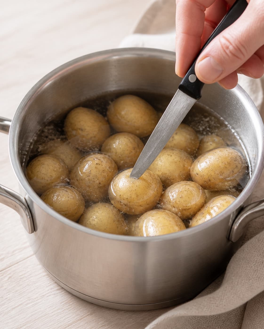 Small skin-on potatoes gently simmering in salted water while a paring knife tests one centre under tilberedningen af kartoffelsalat med urter og sennepsdressing