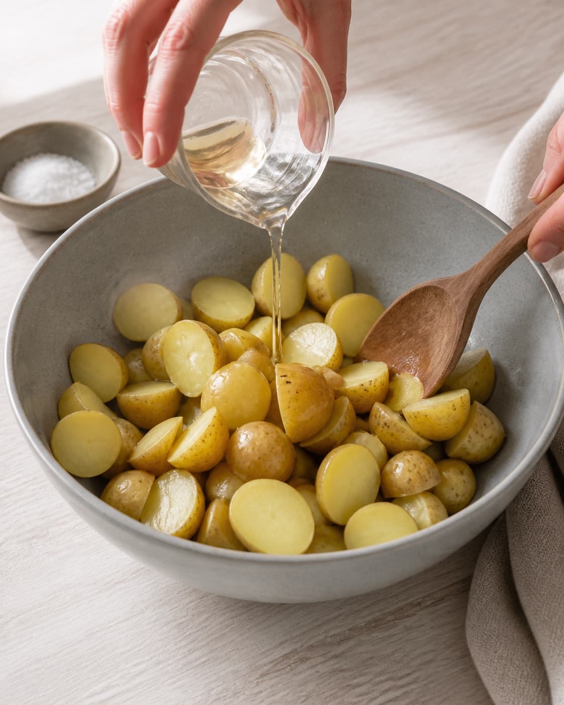 Warm steamed-dry potato pieces being gently tossed with cider vinegar and salt in a large bowl under tilberedningen af kartoffelsalat med urter og sennepsdressing
