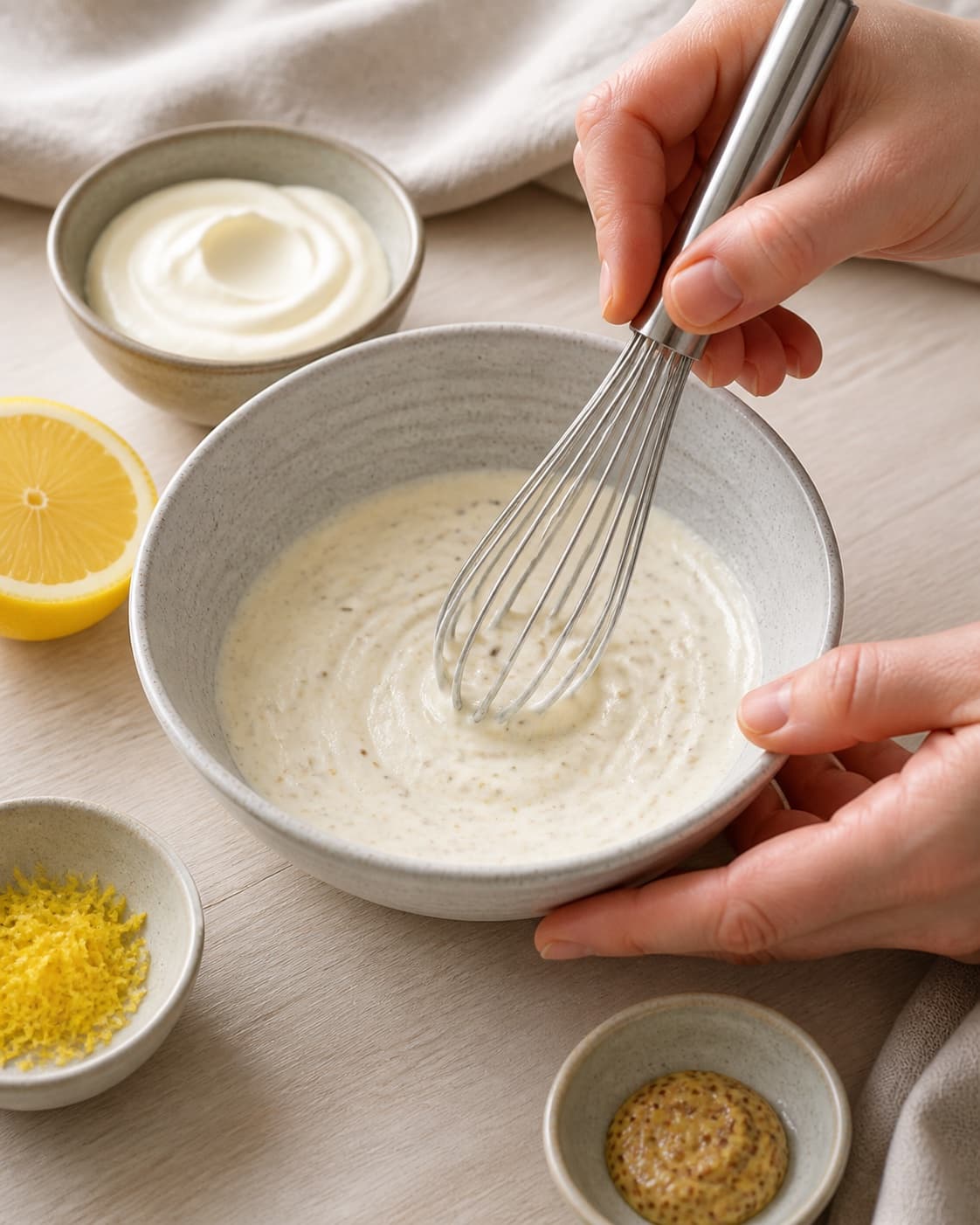 Creme fraiche Dijon lemon zest and lemon juice whisked into a smooth potato salad dressing under tilberedningen af kartoffelsalat med urter og sennepsdressing
