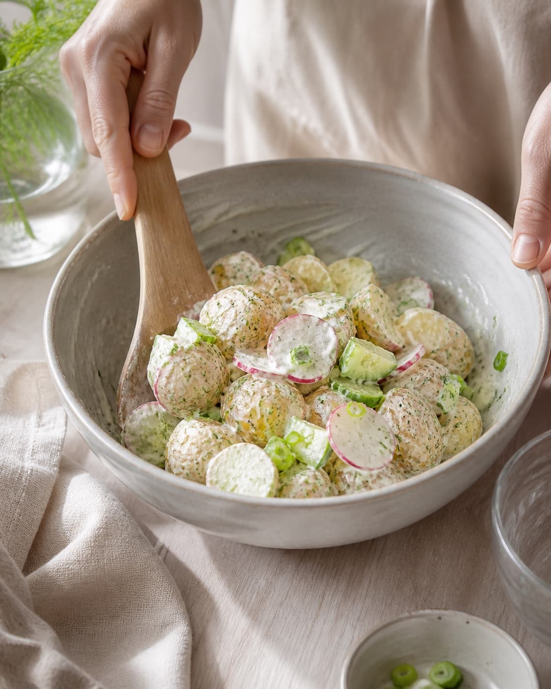 Cooled potato pieces gently folded with creamy dressing cucumber radish and spring onion under tilberedningen af kartoffelsalat med urter og sennepsdressing