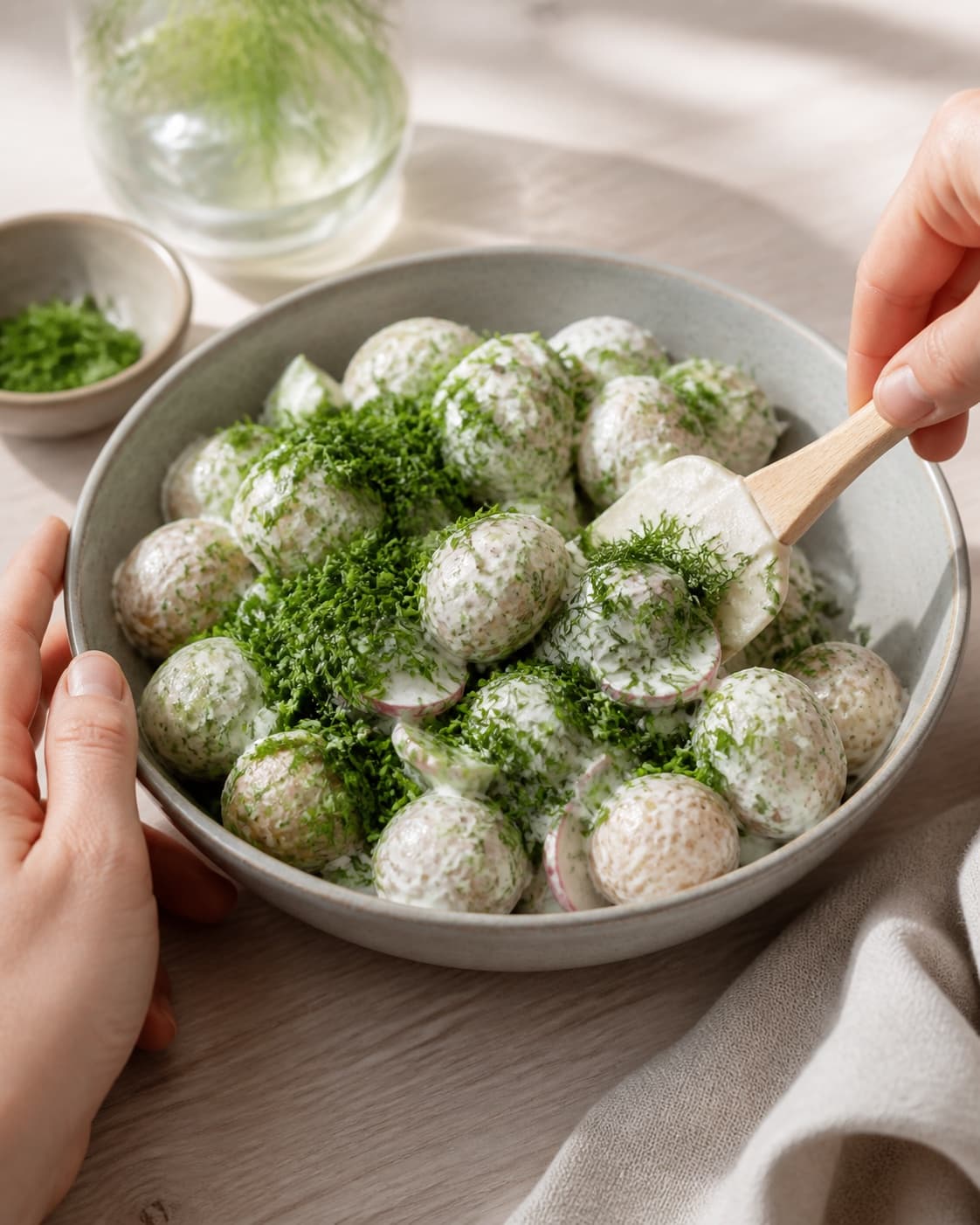 Fresh dill and chives being folded into finished creamy potato salad before chilling under tilberedningen af kartoffelsalat med urter og sennepsdressing