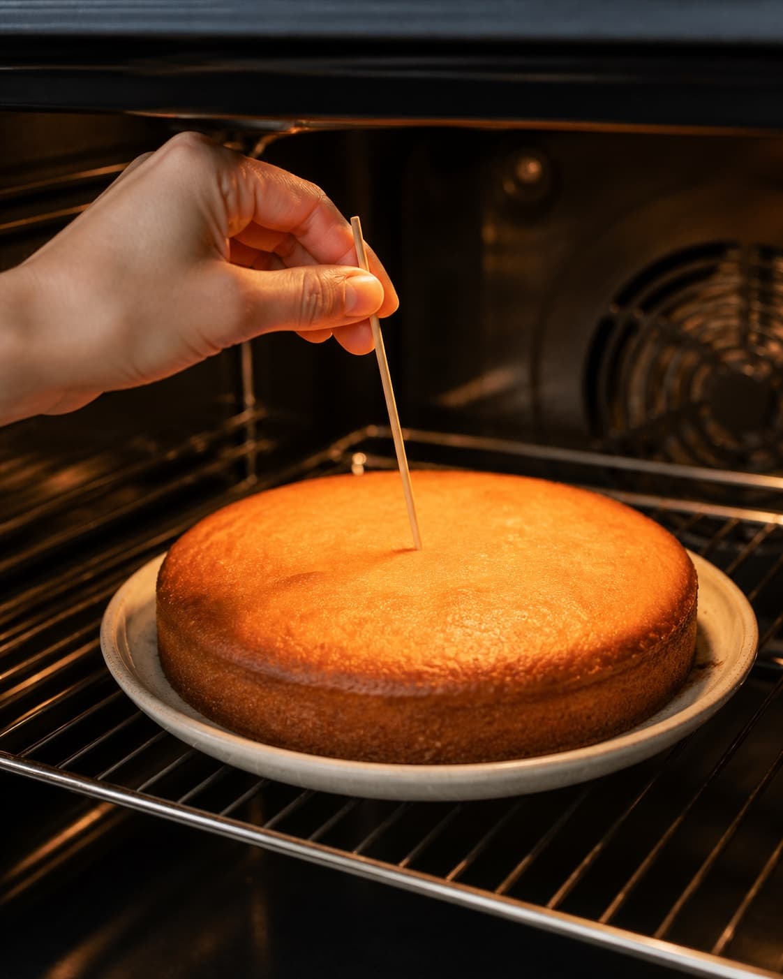 Golden round lemon cake being tested in the centre with a wooden skewer inside the oven under tilberedningen af saftig citronmåne med citronglasur