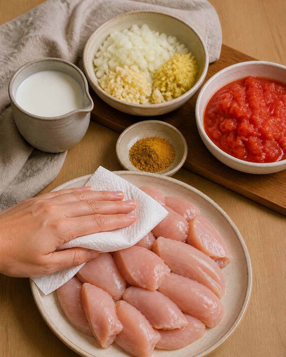 Even raw chicken pieces being patted dry beside separately prepared onion garlic ginger curry tomato and coconut milk under tilberedningen af kylling i tomat, karry og kokos