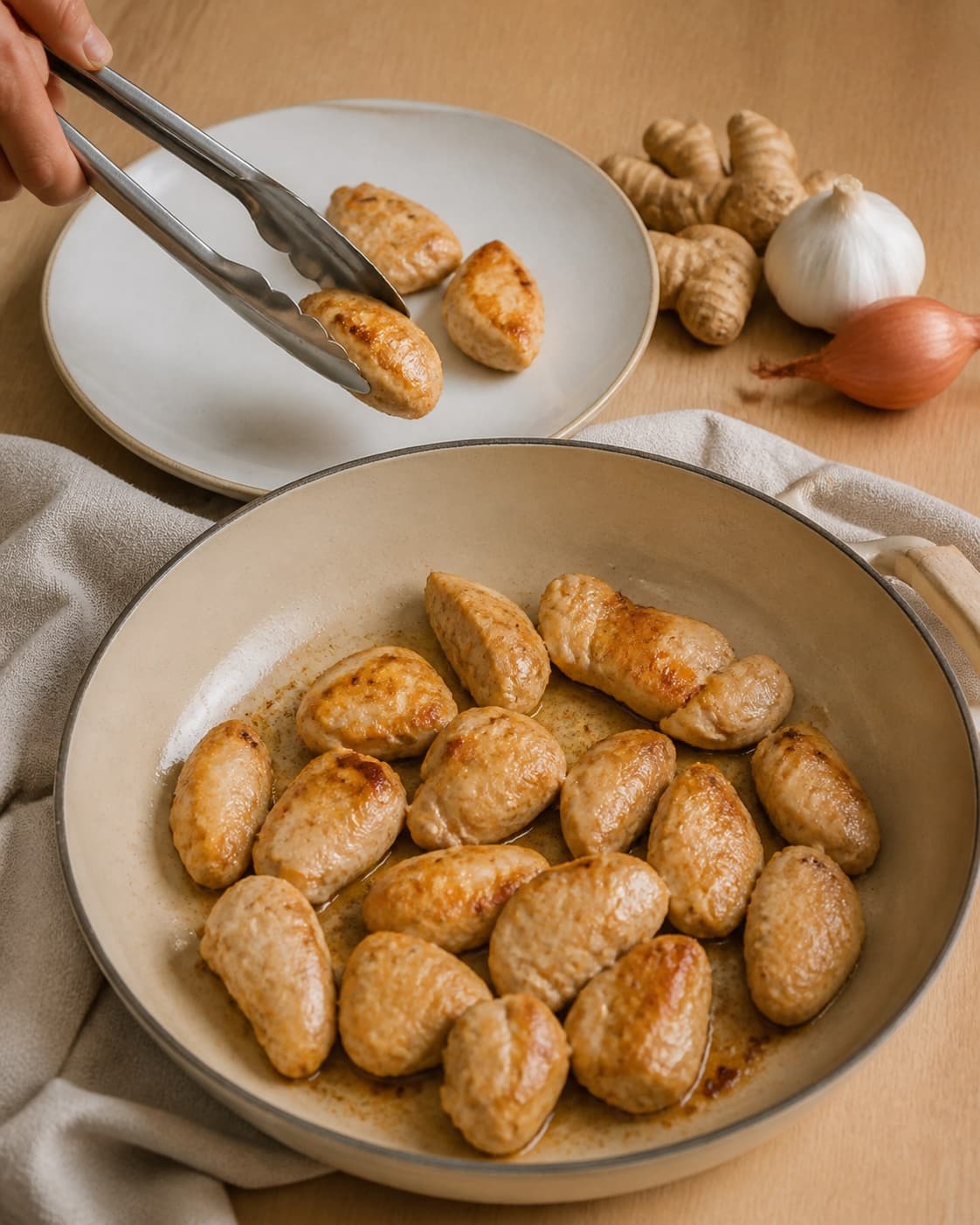 Chicken pieces browning in one uncrowded layer before being transferred to a clean plate under tilberedningen af kylling i tomat, karry og kokos