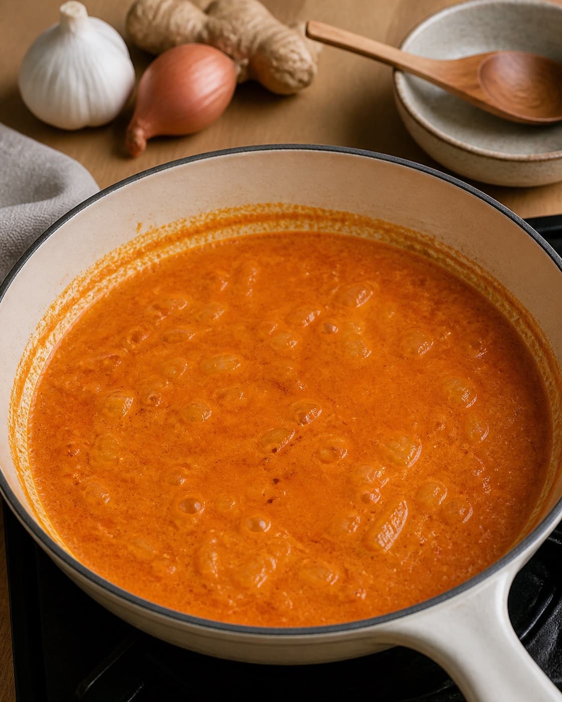 Tomato and coconut curry sauce gently simmering to a unified orange-red consistency under tilberedningen af kylling i tomat, karry og kokos