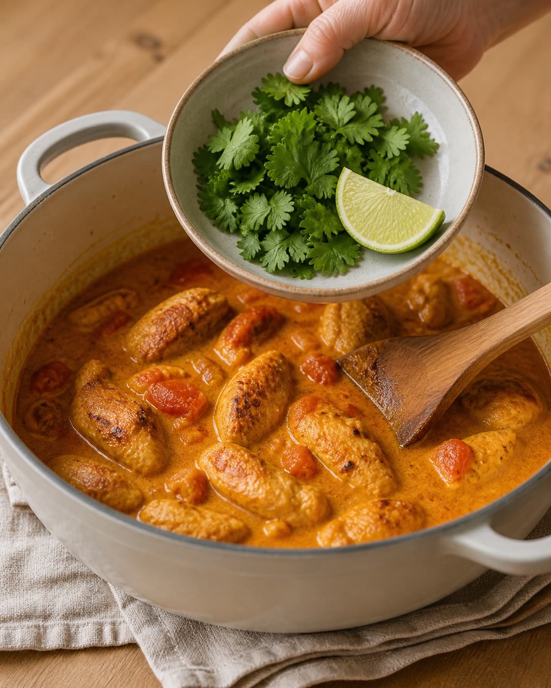 Browned chicken finishing safely in tomato coconut curry before fresh lime and coriander are folded in under tilberedningen af kylling i tomat, karry og kokos