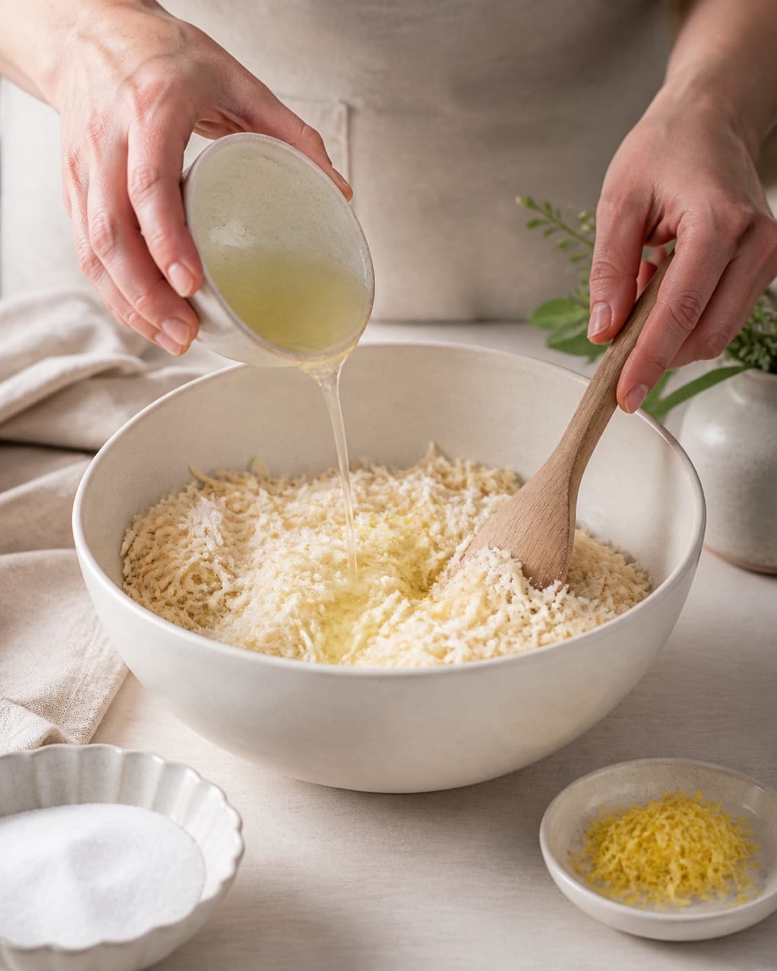 Grated raw marzipan being mixed with sugar lemon zest and egg white added gradually under tilberedningen af kransekage med sprød kant og blød kerne
