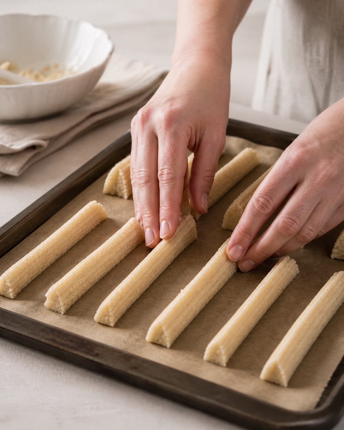 Equal marzipan kransekage bars being piped and gently shaped into triangular profiles under tilberedningen af kransekage med sprød kant og blød kerne