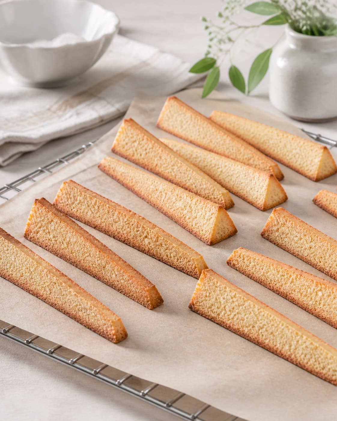 Triangular kransekage bars baking to pale gold with slightly darker crisp edges under tilberedningen af kransekage med sprød kant og blød kerne