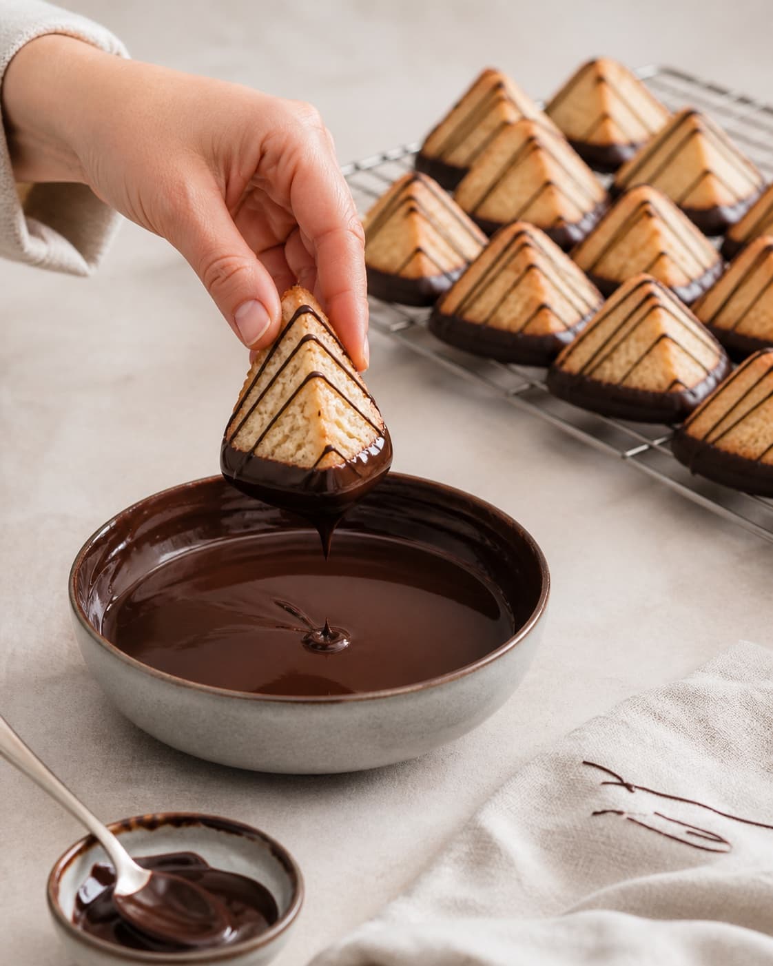 Completely cooled kransekage bars being bottom-dipped and finely striped with glossy dark chocolate under tilberedningen af kransekage med sprød kant og blød kerne
