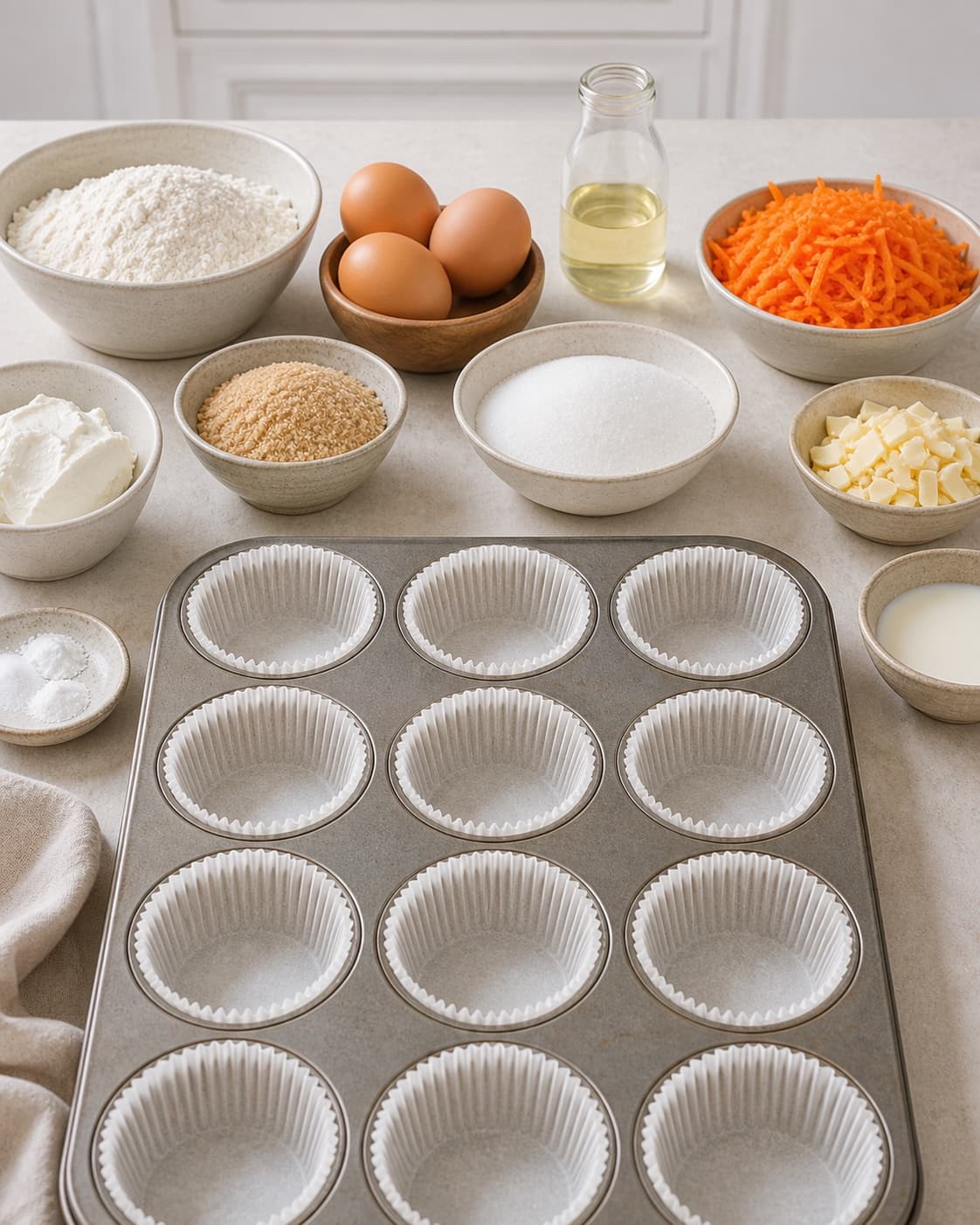 Finely grated carrots beside exactly twelve lined muffin cups and separately measured baking ingredients under tilberedningen af gulerodsmuffins med hvid chokoladefrosting