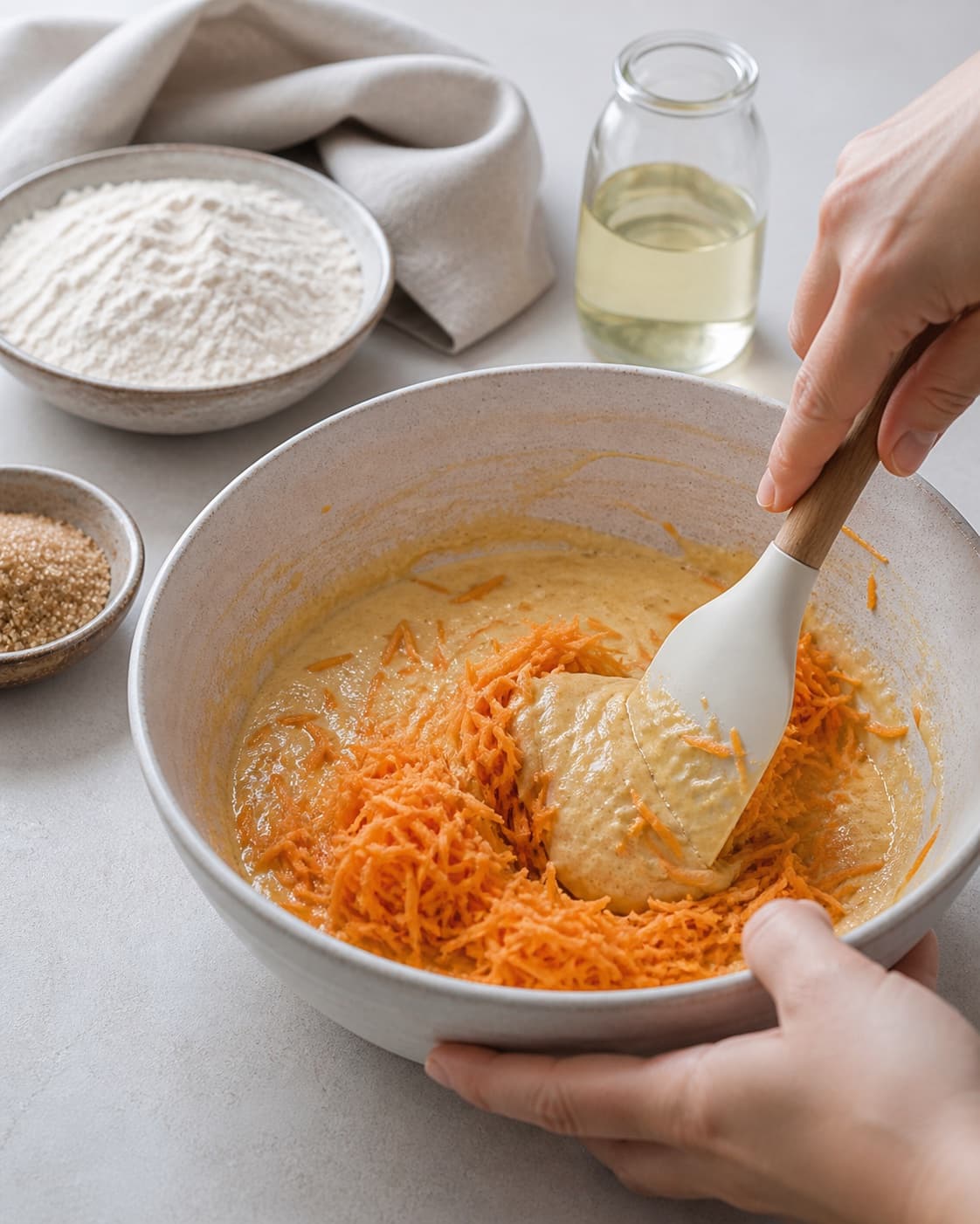 Grated carrots being folded into egg sugar and oil before sifted spiced flour is gently incorporated under tilberedningen af gulerodsmuffins med hvid chokoladefrosting