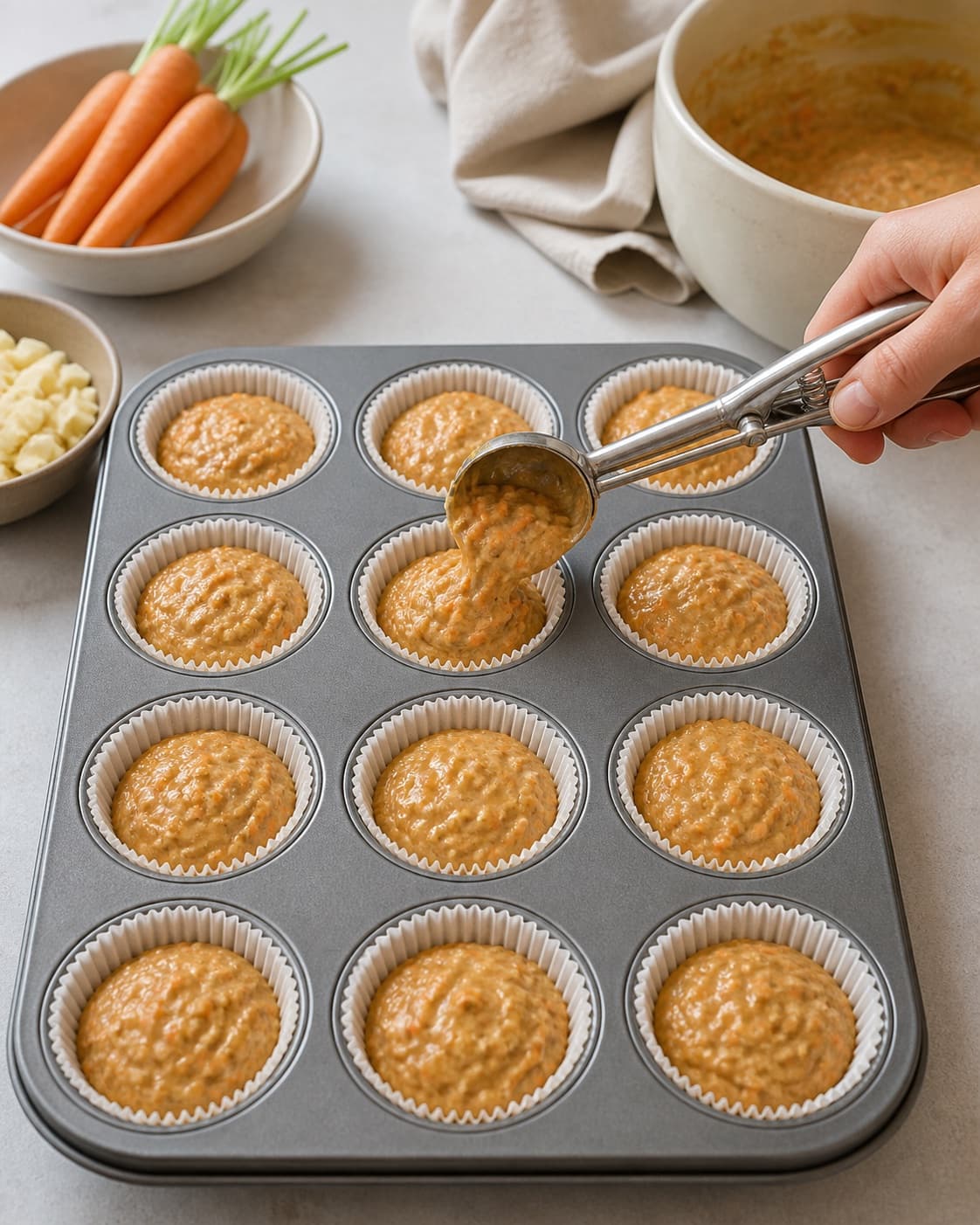 Carrot muffin batter being portioned evenly into exactly twelve paper cases at three-quarter height under tilberedningen af gulerodsmuffins med hvid chokoladefrosting